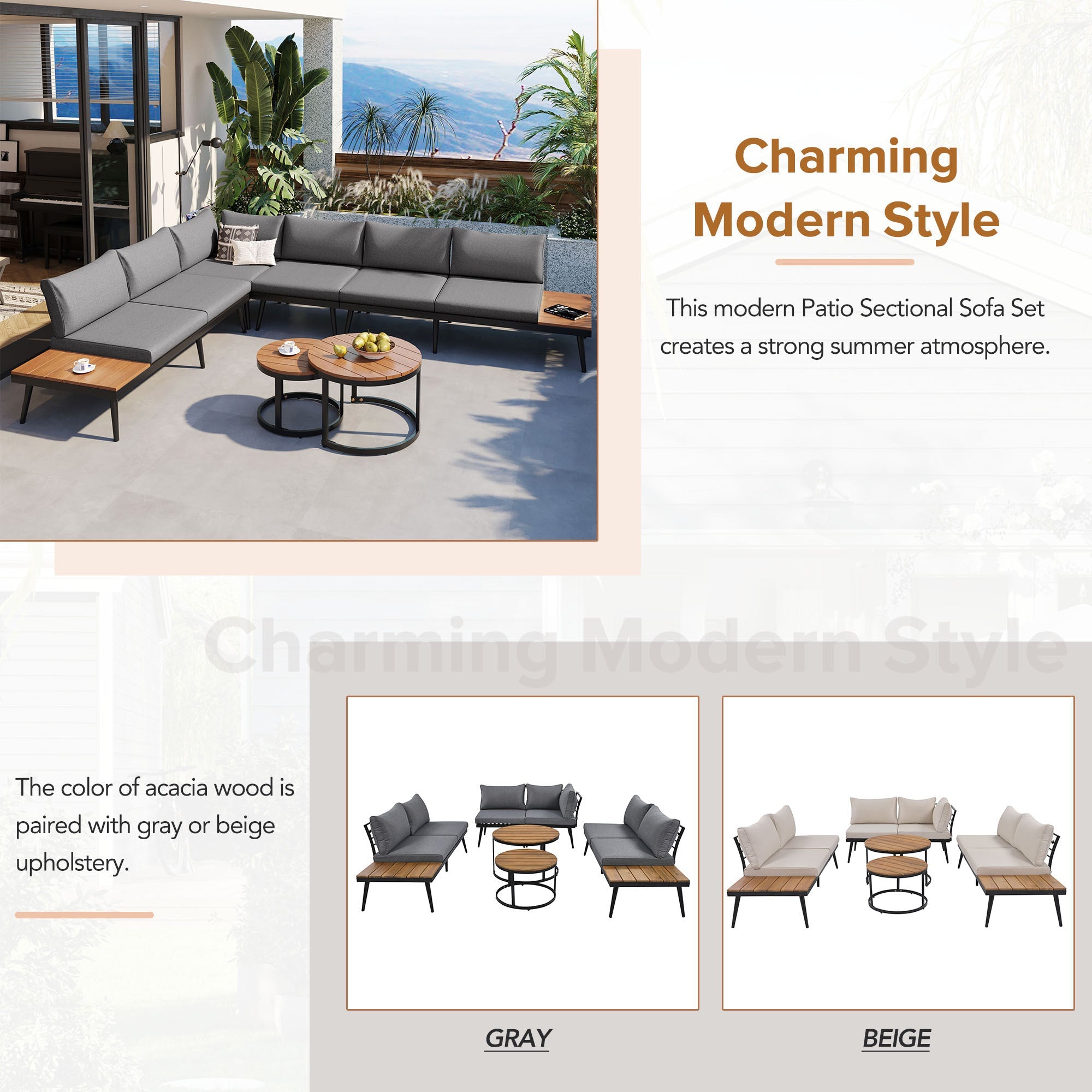 Outdoor Sectional Set Acacia Wood Steel Gray with Nesting Tables