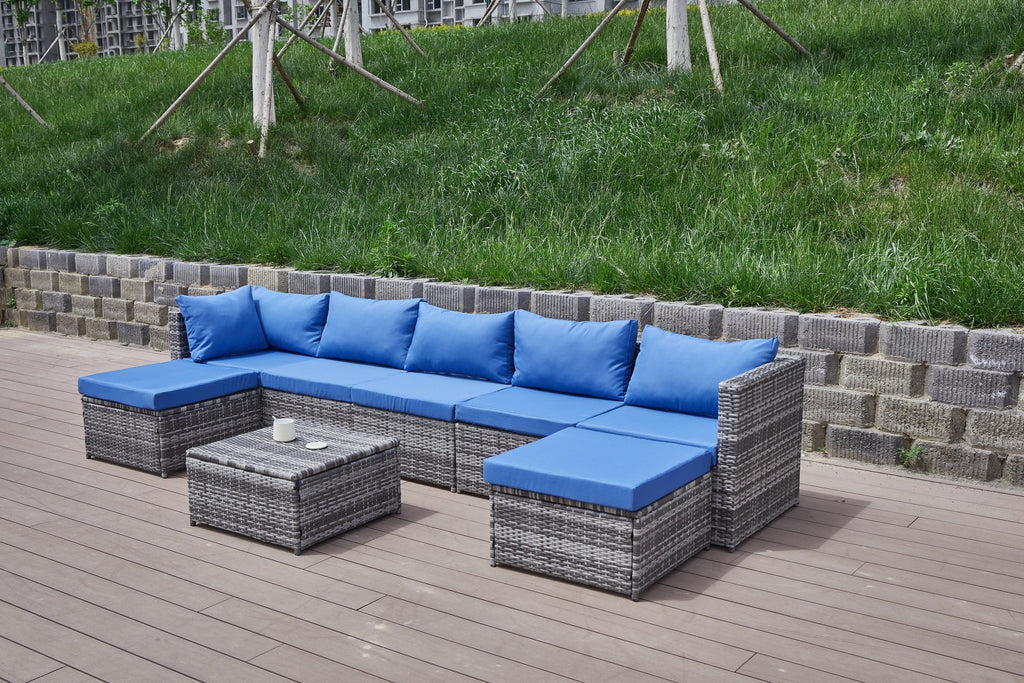 Outdoor Patio Sofa Set PE Rattan Blue Gray All Weather Steel Frame