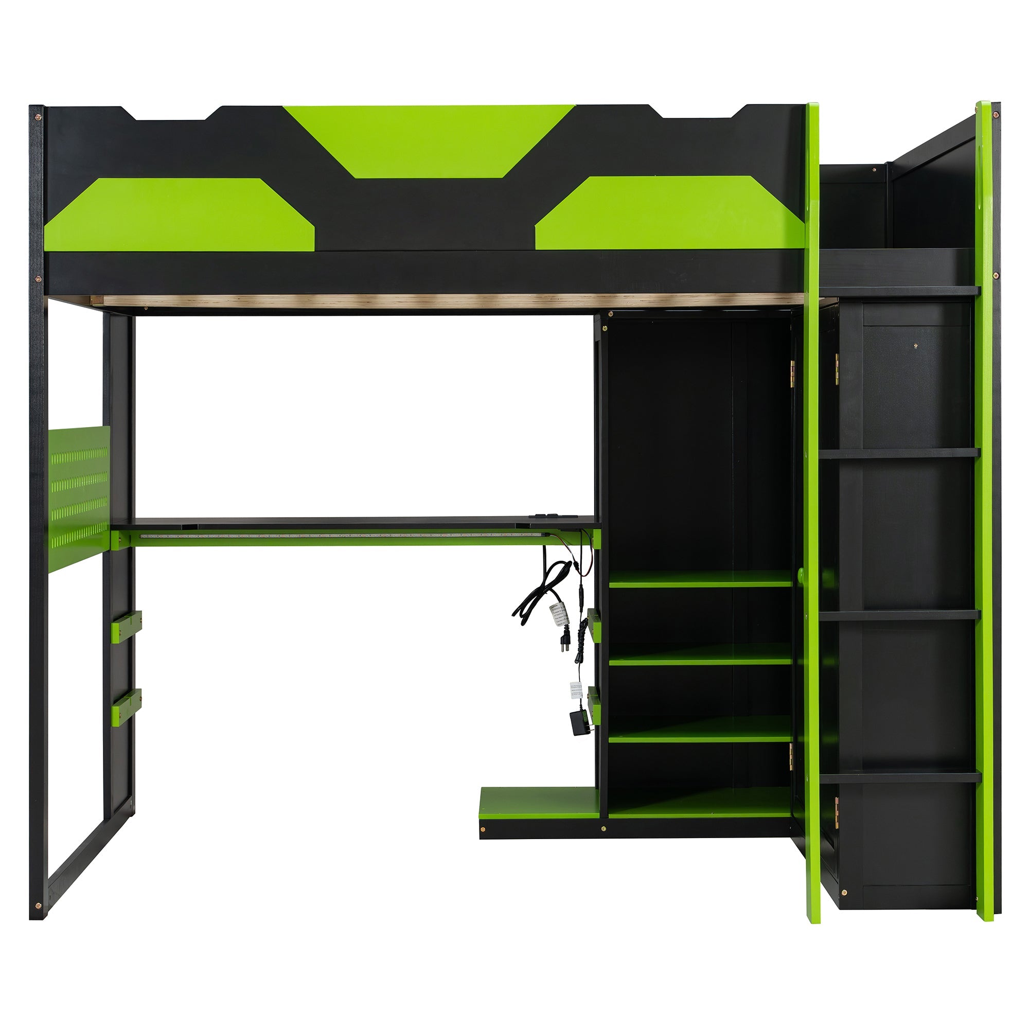 Full Size Wood Loft Bed with Desk, Multi-storage Shelves,USB and RGB Light,Green