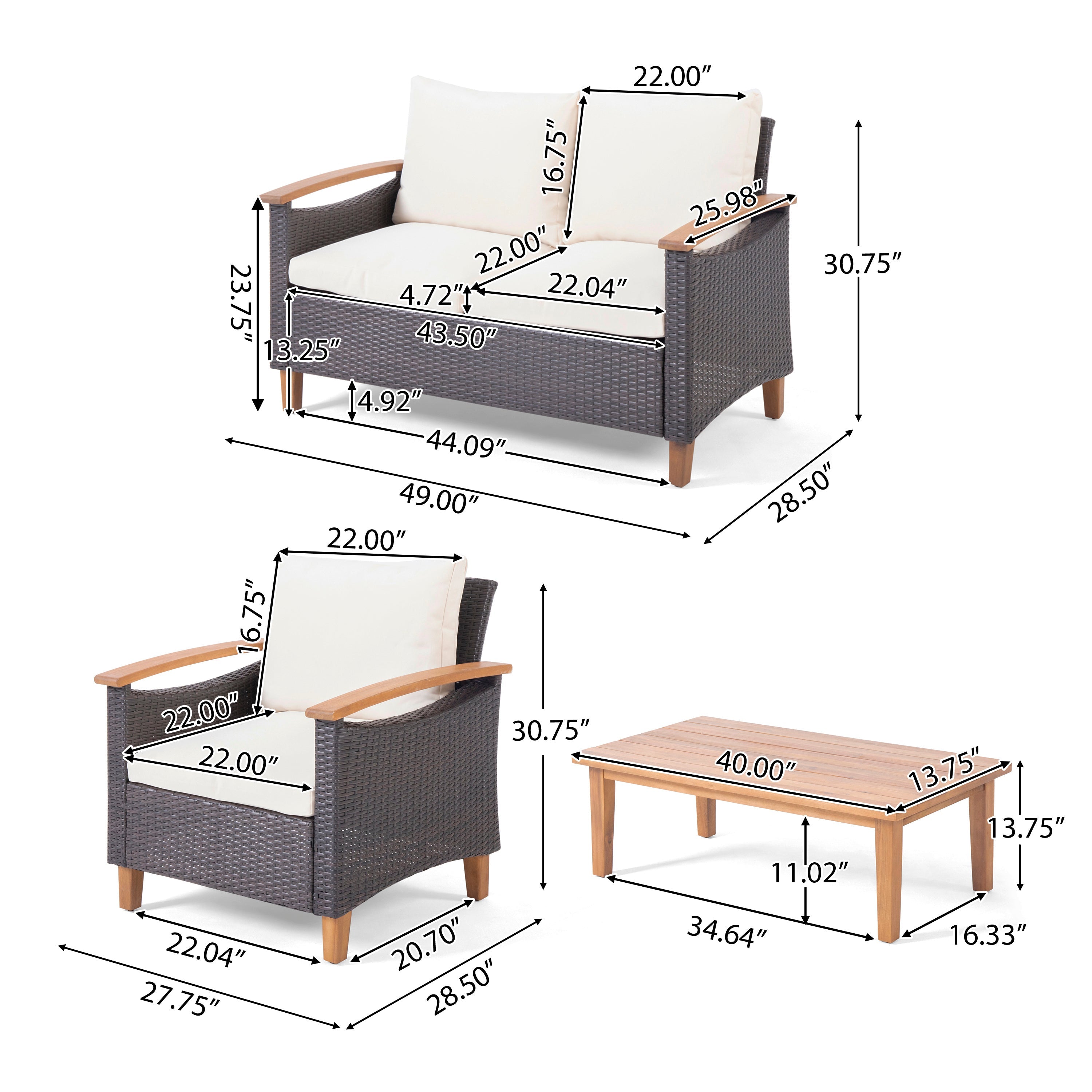 Outdoor Patio Set PE Rattan Acacia Wood Teak Cushions 4 Piece
