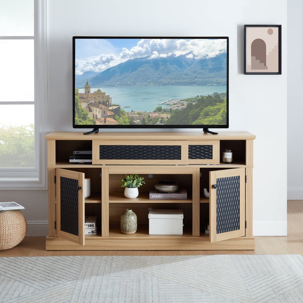 TV Stand Farmhouse Light Oak MDF Embossed Doors 3-Shelf Fits 65 In TV 58.27 In