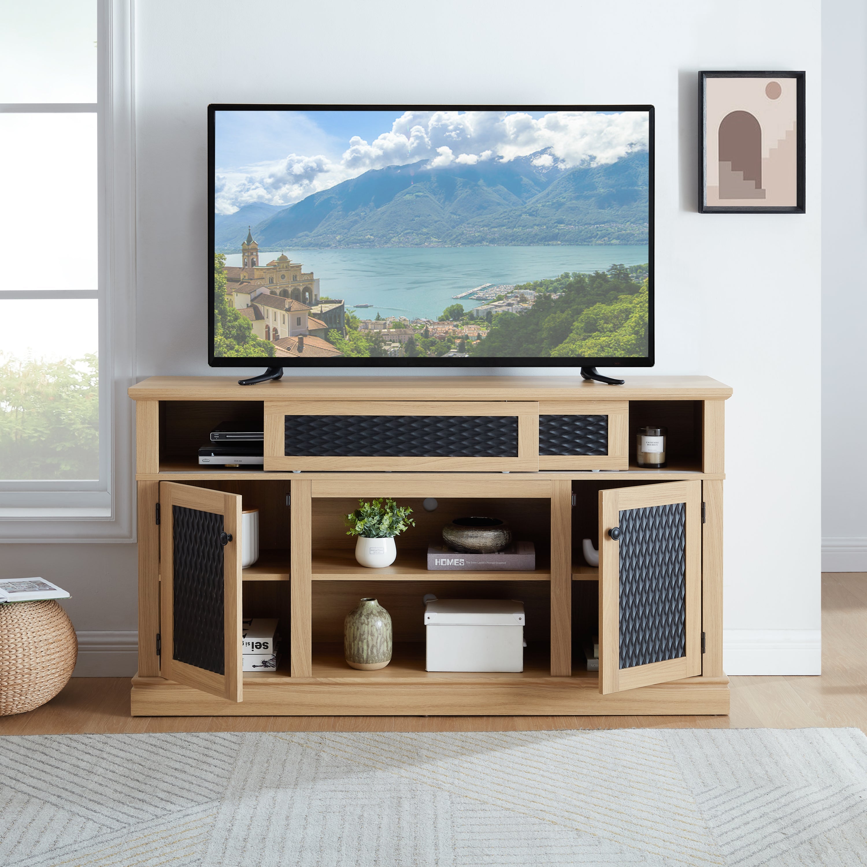 TV Stand Farmhouse Light Oak MDF Embossed Doors 3-Shelf Fits 65 In TV 58.27 In