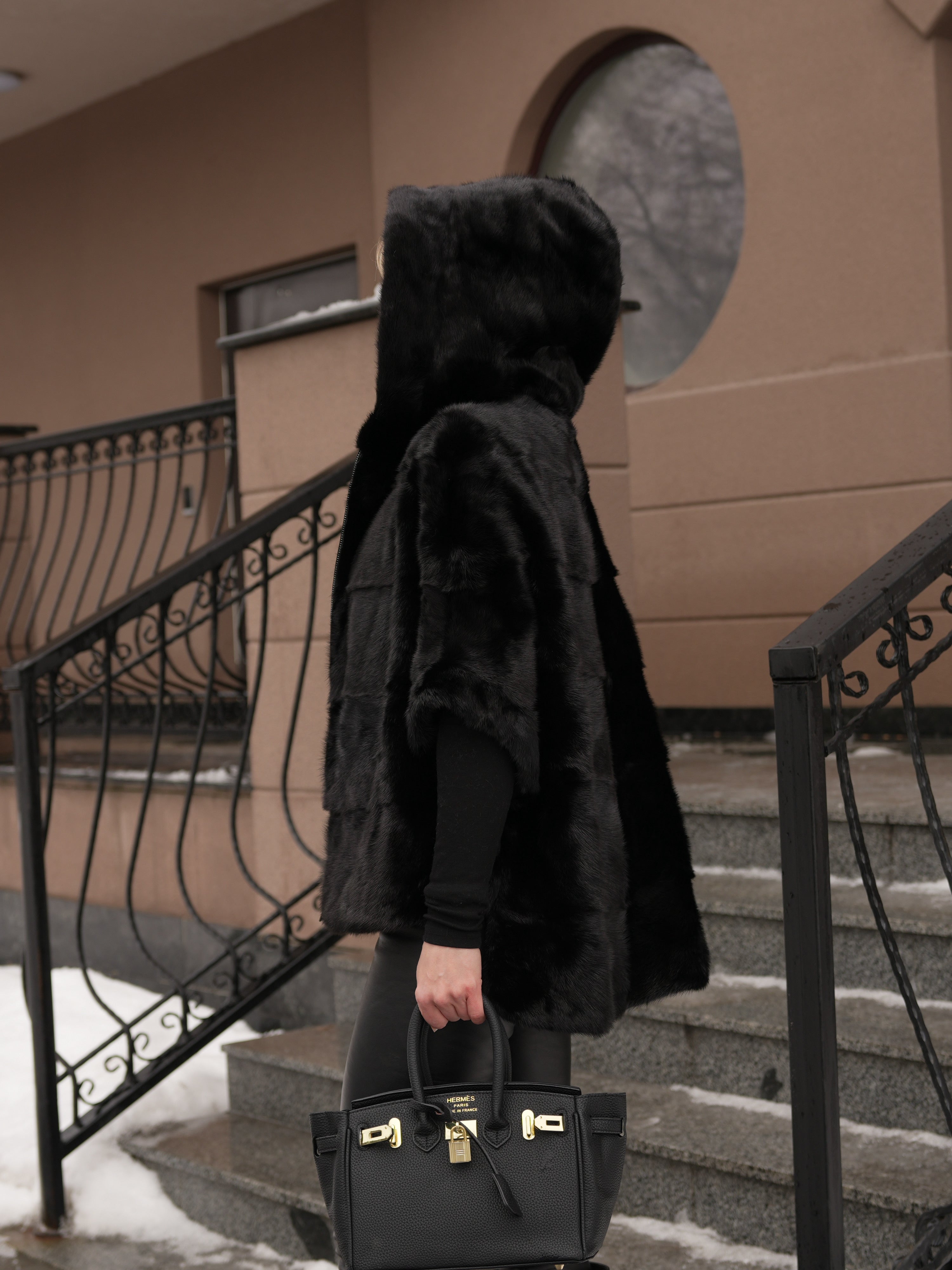Genuine Scandinavian Mink Fur Poncho with Fully Lined Mink Hood