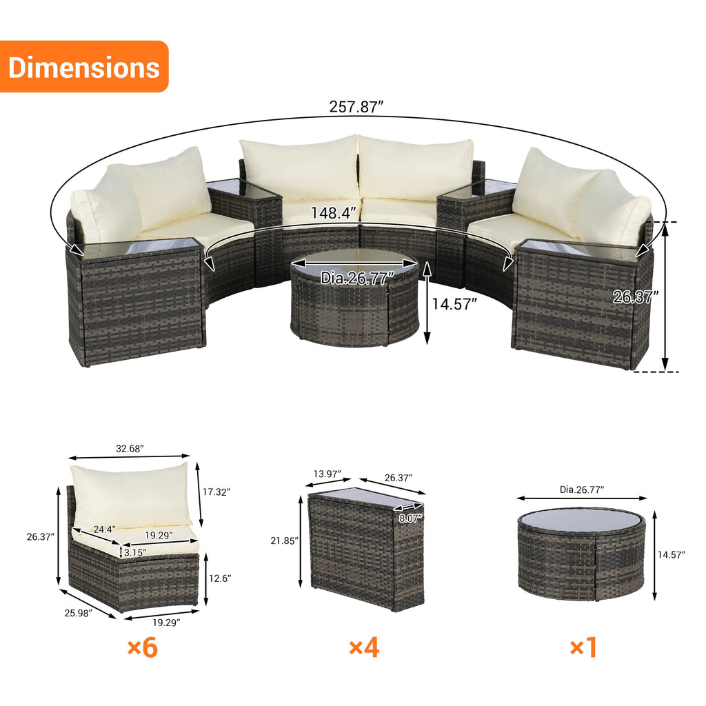 Outdoor Sectional Set PE Rattan Beige Half Moon 11pc