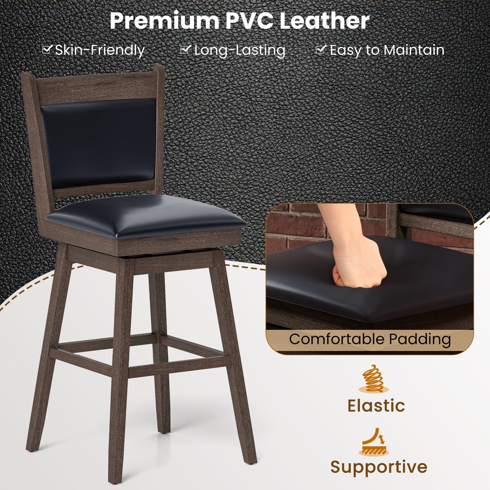 25/29 Inch Padded Bar Stools Set of 2 with Swivel Seat and Footrest