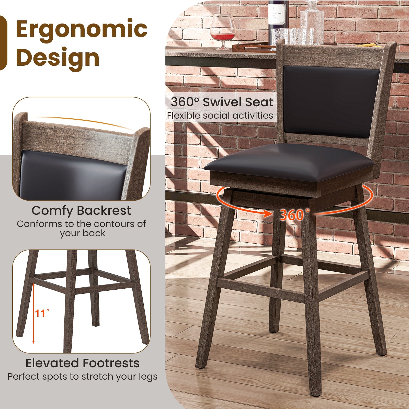 25/29 Inch Padded Bar Stools Set of 2 with Swivel Seat and Footrest