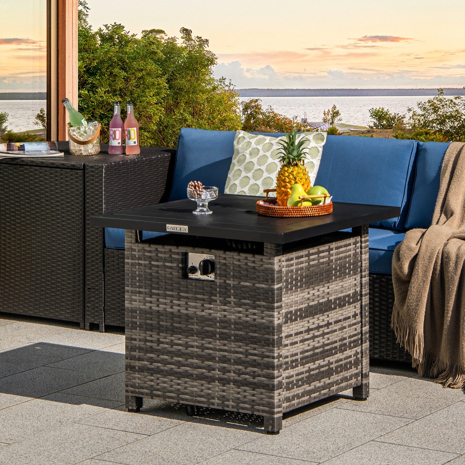 29 Inch Propane Rattan Firepit Table with Lava Rocks and Protective Cover-Gray