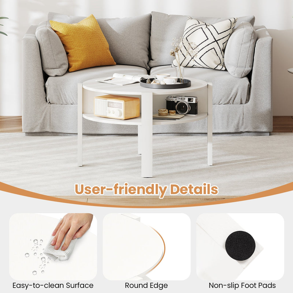 29.5 Inch Round Coffee Table with Storage Shelves for Small Space