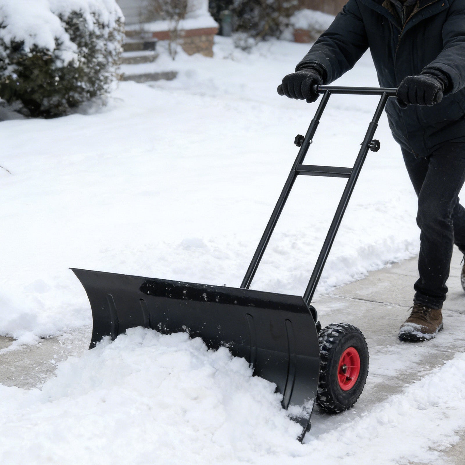 29 Inch Snow Pusher Heavy Duty Metal Shovel with Wheels and Adjustable Handle-Black