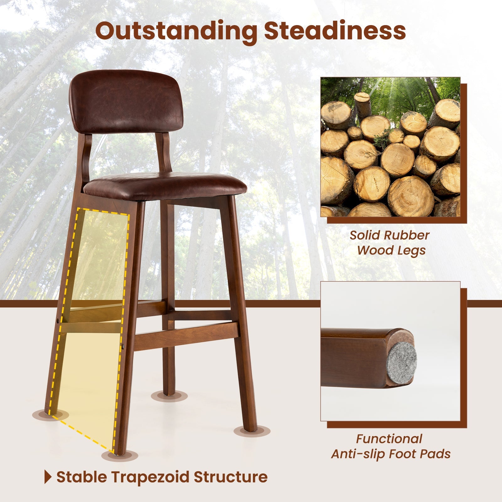 29 Inch Upholstered PU Bar Stools with Rubber Wood Legs-Set of 2