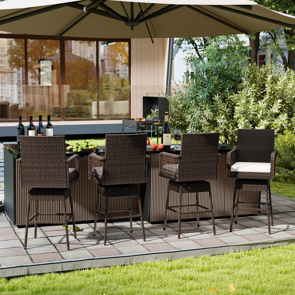 29 Inches Patio 360¬∞ Swivel Bar Stool with Cross-Woven Armrests and Seat Cushion-White