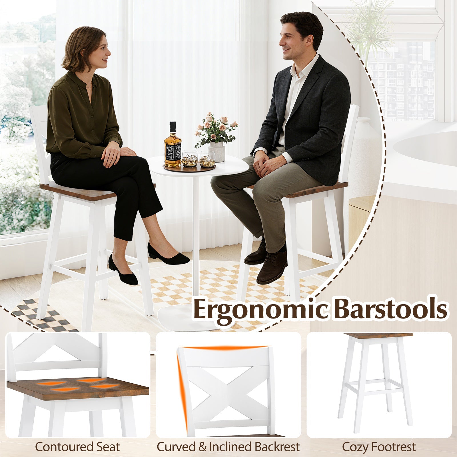 29" Rubberwood Swivel Barstools Set of 4 with Backrest and Large Seat
