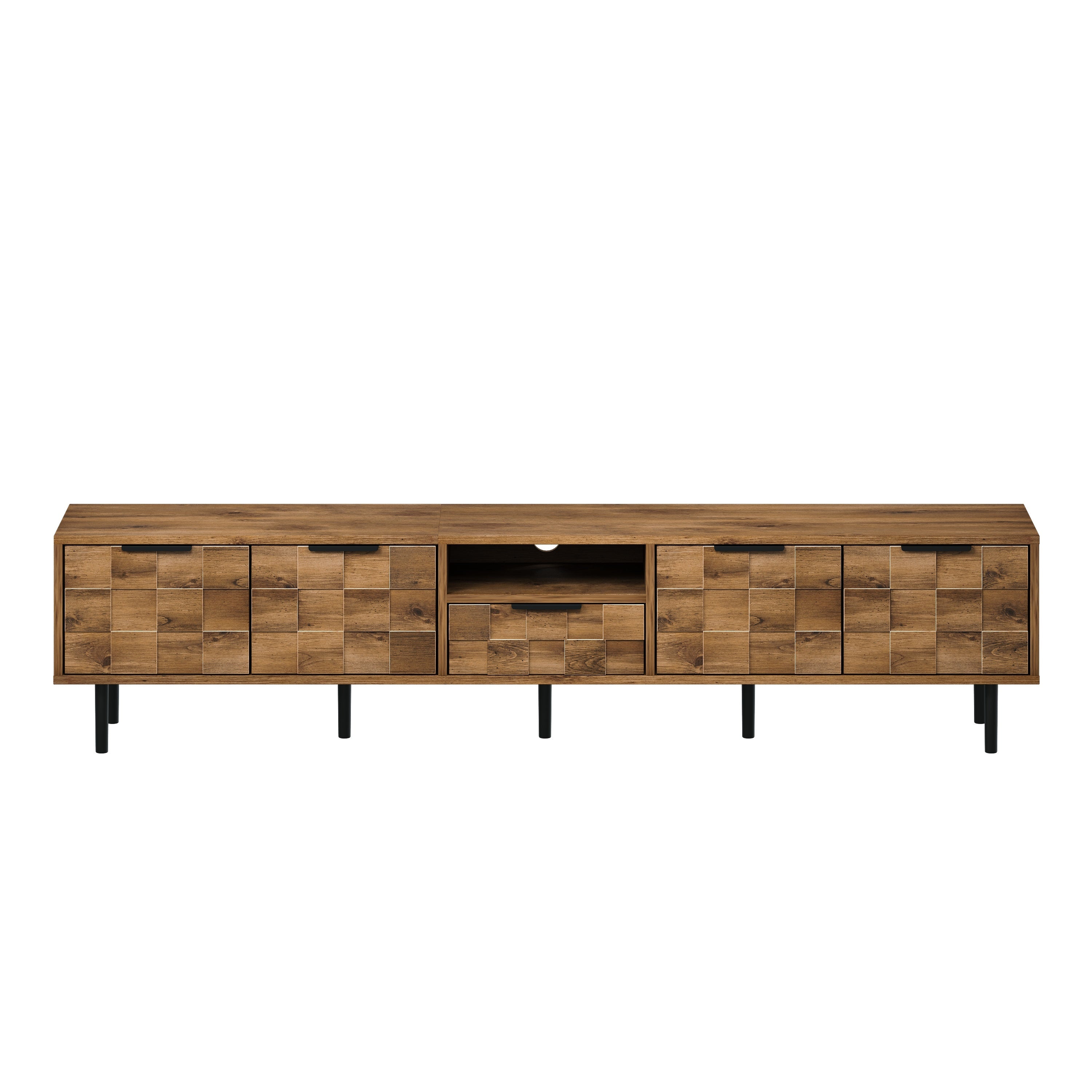 TV Stand Natural Wood Checkered MDF Soft-Close Doors Fits 85 In TV 78.7 In