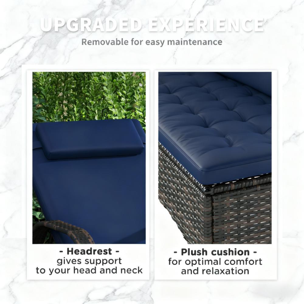 Chaise Lounge PE Rattan Dark Blue 5-Position Wheels Set of 2 76in