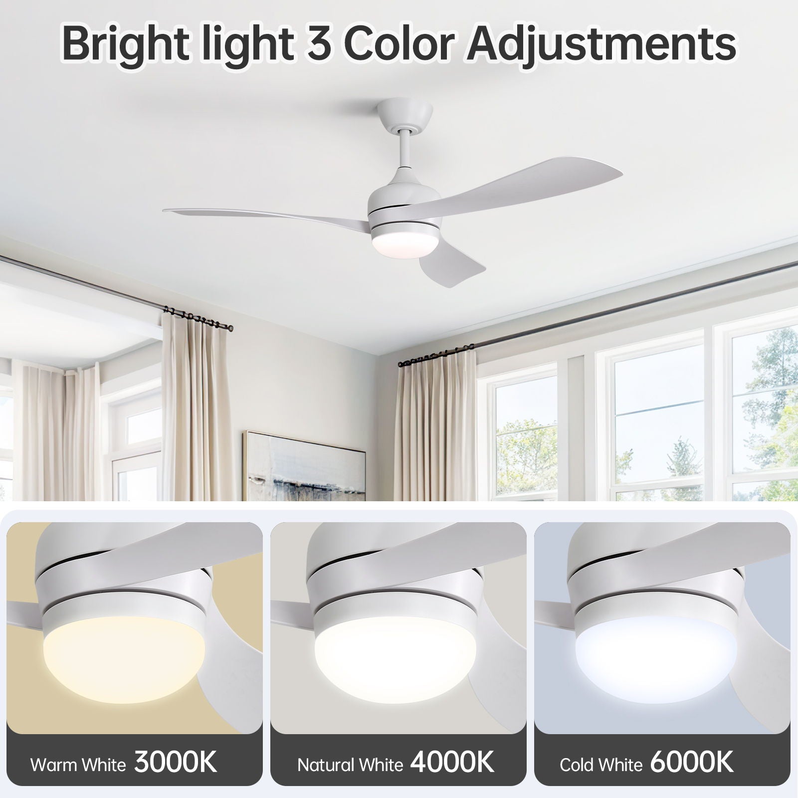 Ceiling Fan With 3 Blades, Remote Control, Reversible DC Motor, Noiseless Operation, 3 Downrods