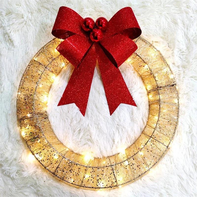 Mandotos Christmas Wreath 50cm Luminous LED Metal Garland Bowknot Front Door Hanging