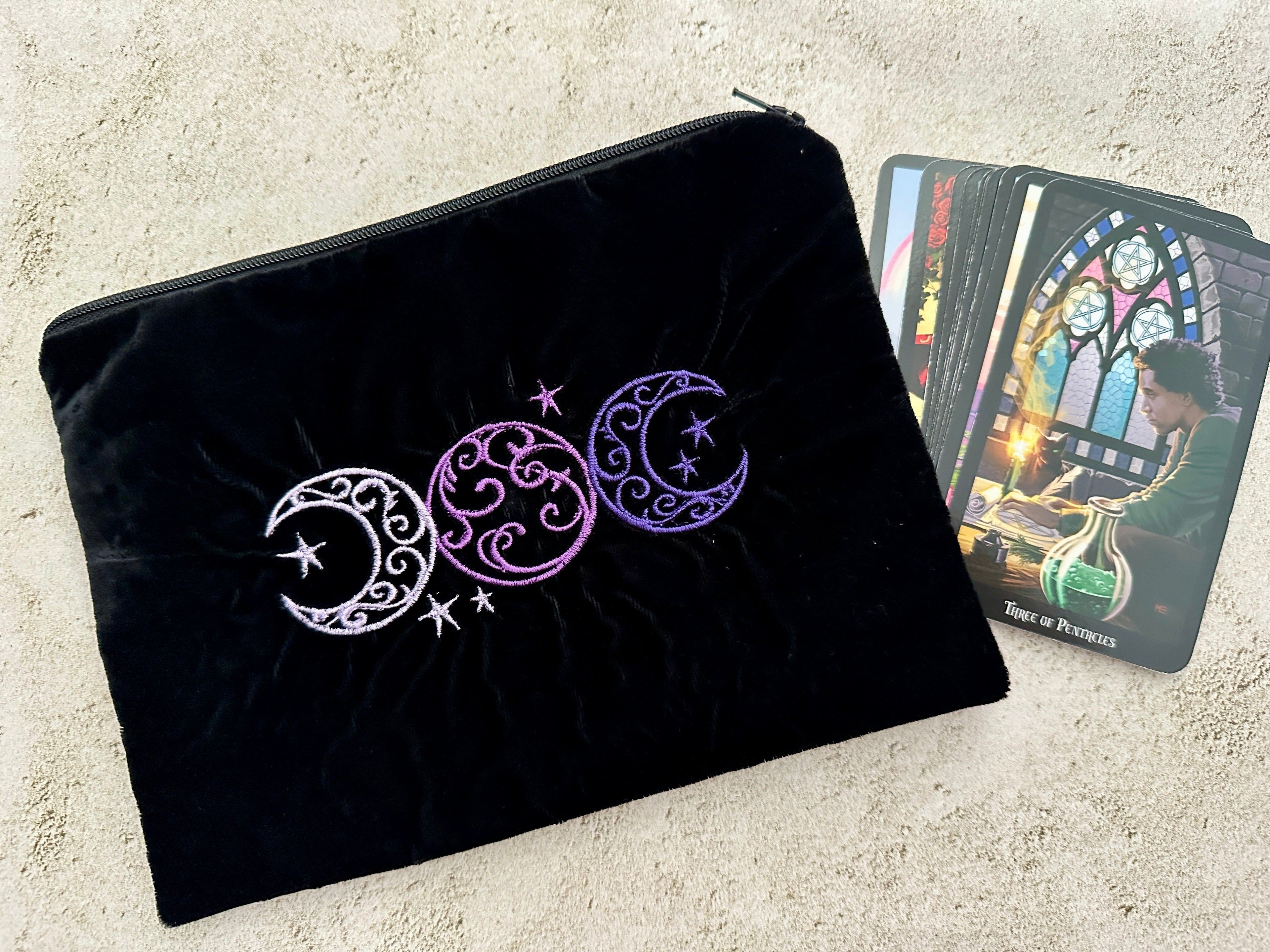 Witchy Triple Moon Embroidered Velvet Tarot Bag With Zipper & Satin Lining