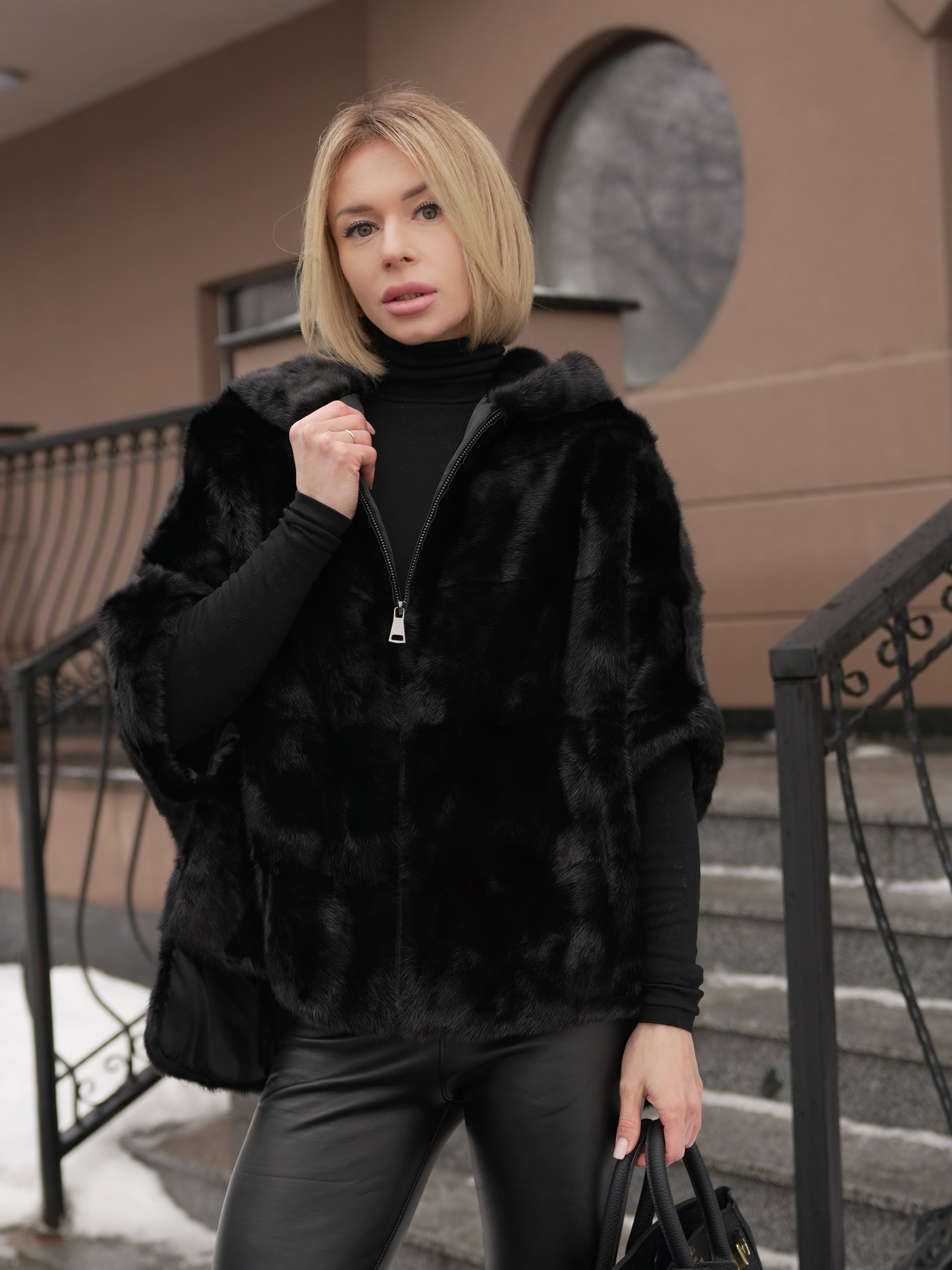 Genuine Scandinavian Mink Fur Poncho with Fully Lined Mink Hood
