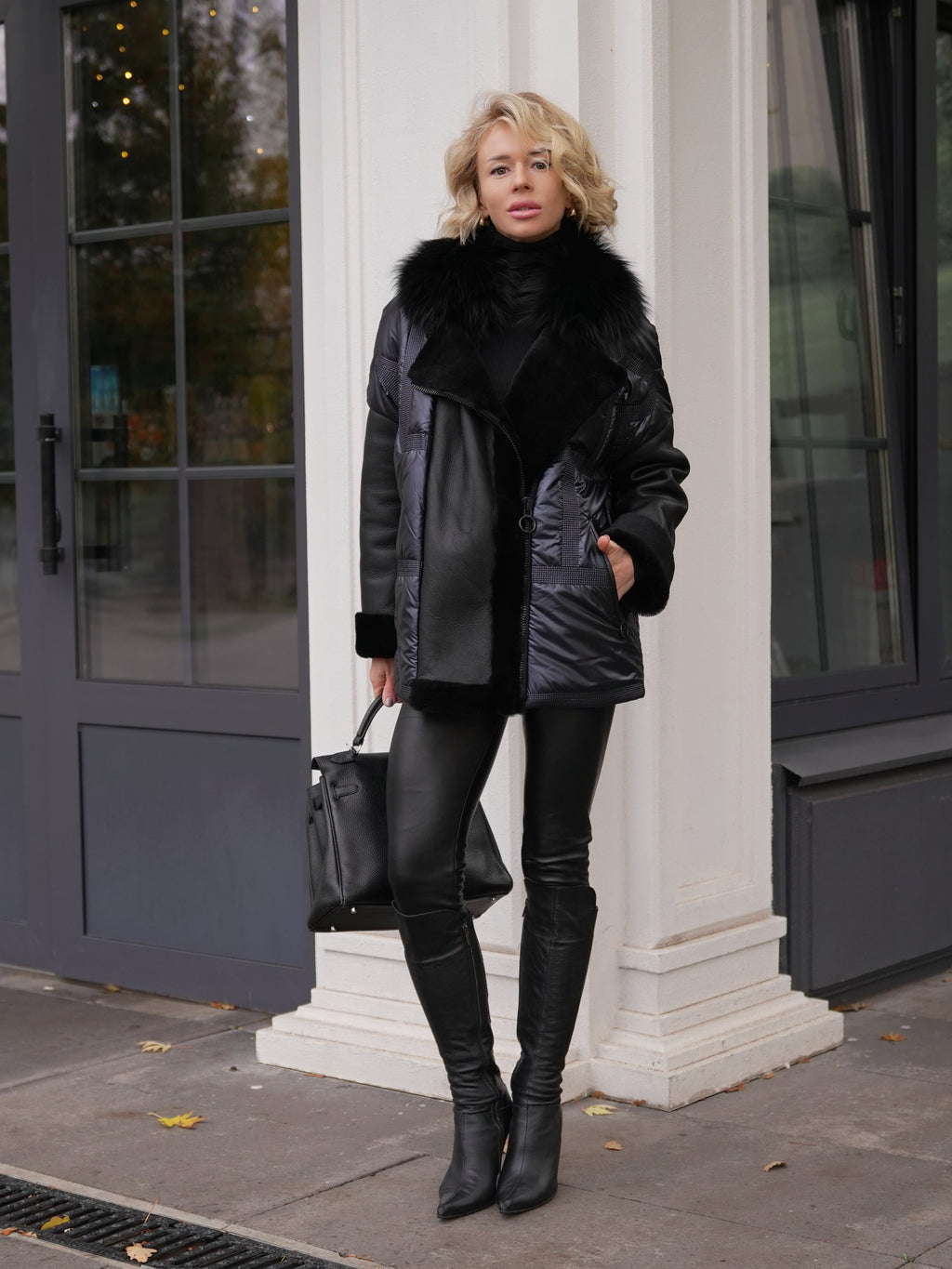 Audrey Genuine Lamb Leather Fox Fur Down Coat in Dark Sapphire