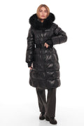 Cyrus Genuine Fur Trim Down Fill Coat in Black
