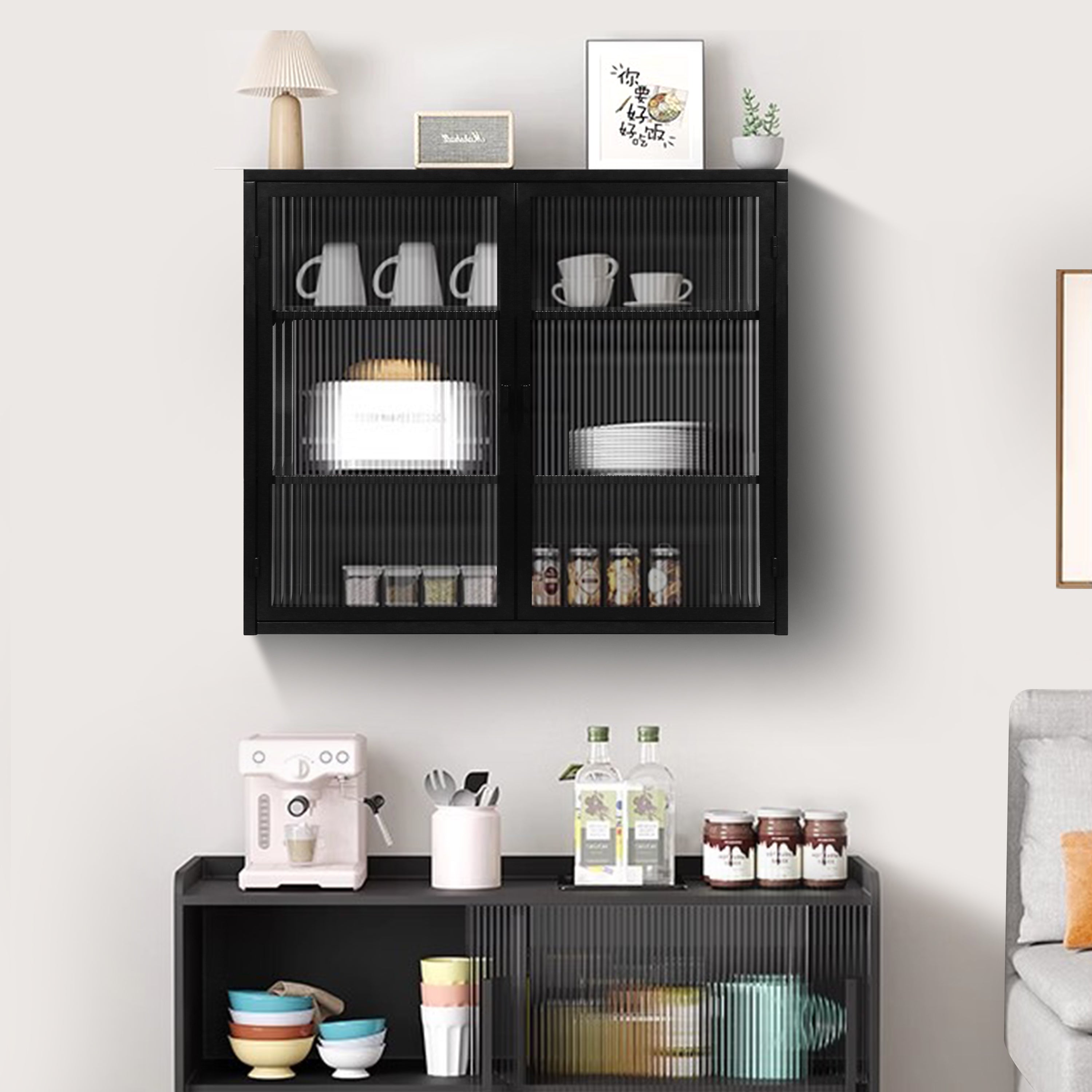 27.56"Glass Doors Modern Two-door Wall Cabinet with Featuring Three-tier Black