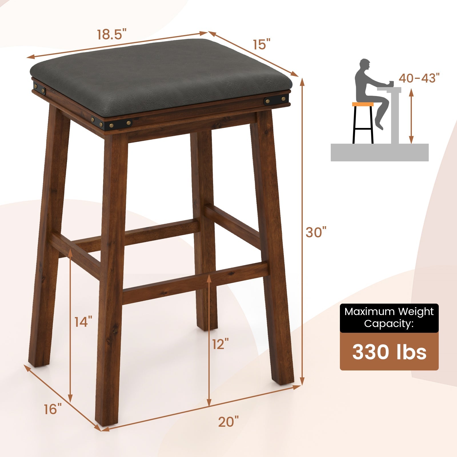 Set of 2 24/30 Inch Dining Bar Stool with Rubber Wood