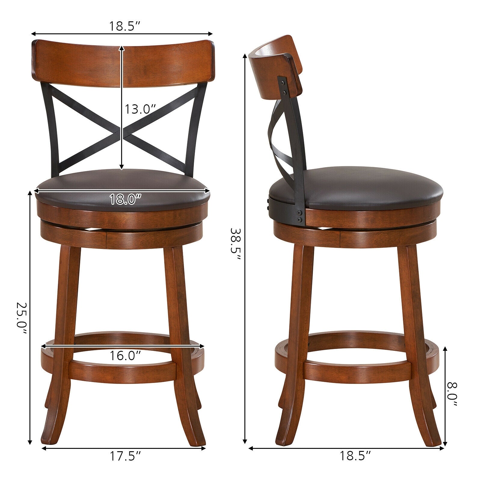 Set of 2 Bar Stools 360-Degree Swivel Dining Bar Chairs with Rubber Wood Legs
