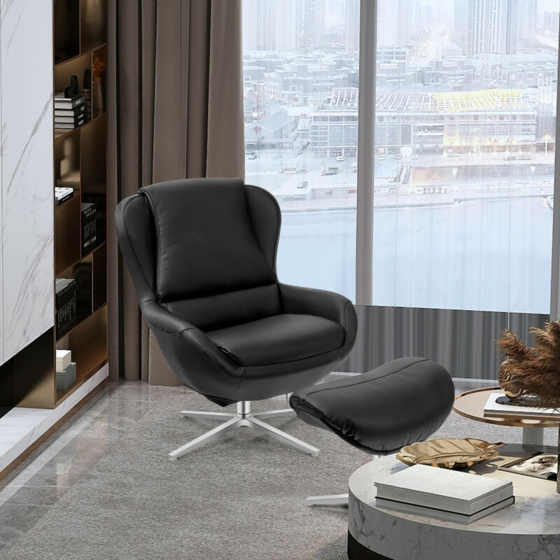 360¬∞ Swivel Leather Lounge Chair with Ottoman and Aluminum Alloy Base