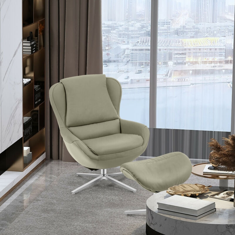 360¬∞ Swivel Leather Lounge Chair with Ottoman and Aluminum Alloy Base
