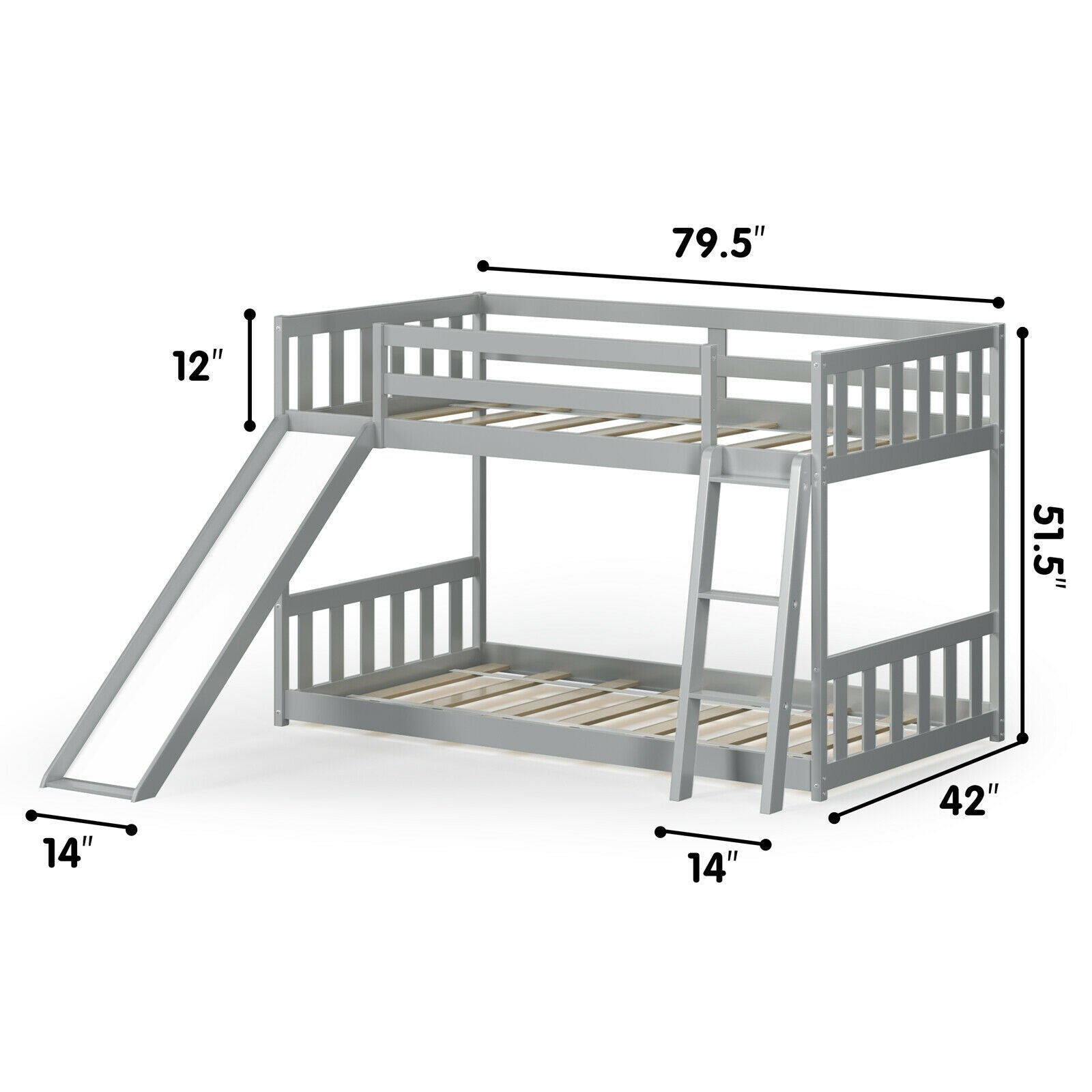 Twin over Twin Bunk Wooden Low Bed with Slide Ladder for Kids