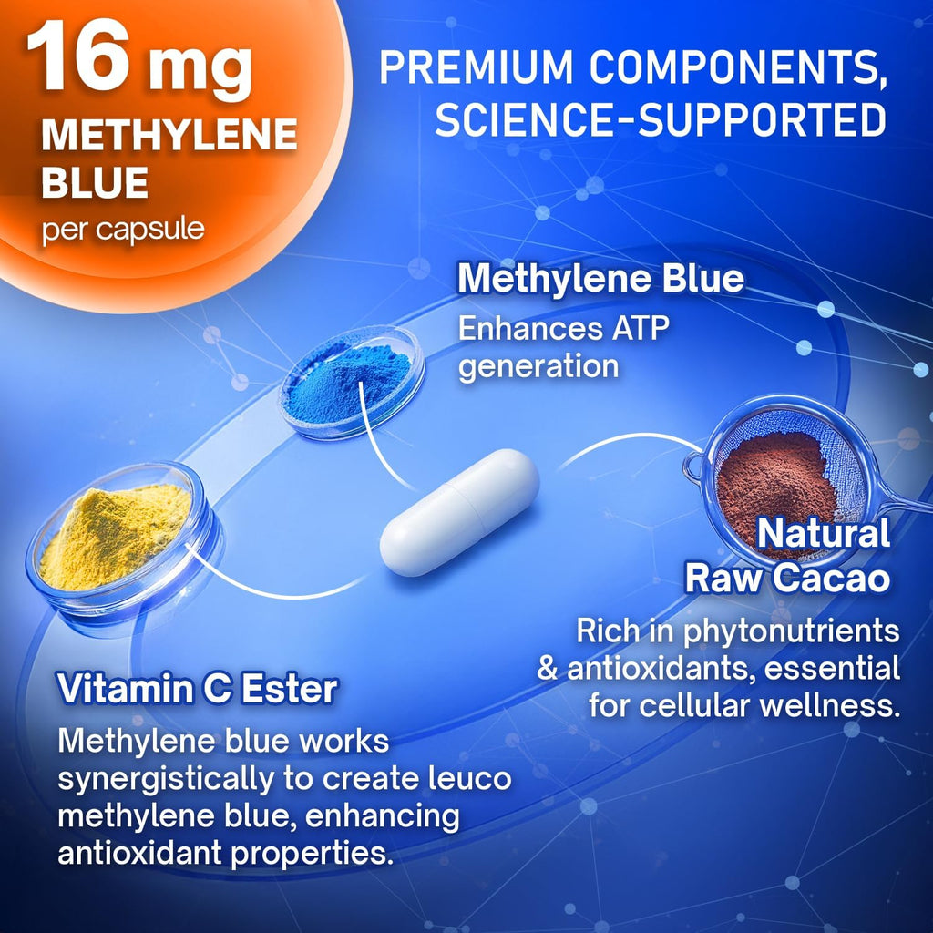 Methylene Blue Capsules - Natural Cacao and Vitamin C Ester for Added Support, Cognitive-Supplement