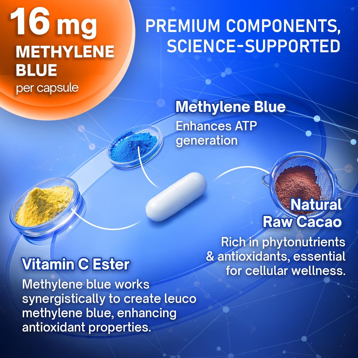 Methylene Blue Capsules - Natural Cacao and Vitamin C Ester for Added Support, Cognitive-Supplement