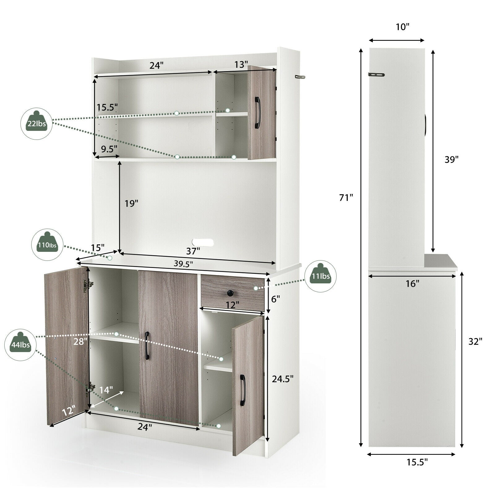 4-Door Freestanding Kitchen Buffet with Hutch and Adjustable Shelves