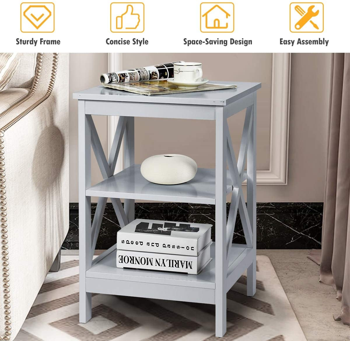 3-Tier X-Design Nightstands with Storage Shelves for Living Room Bedroom