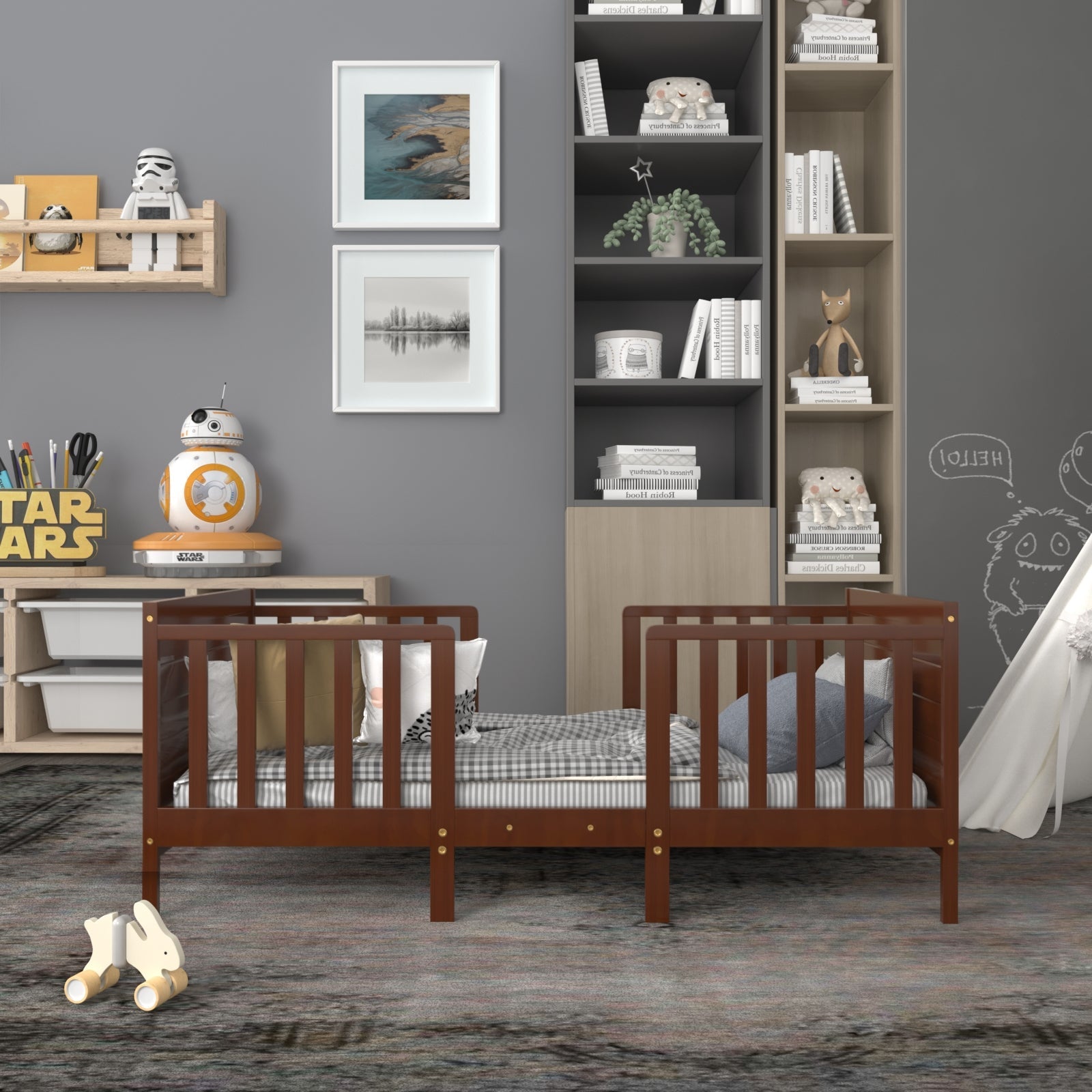2-in-1 Convertible Kids Wooden Bedroom Furniture with Guardrails