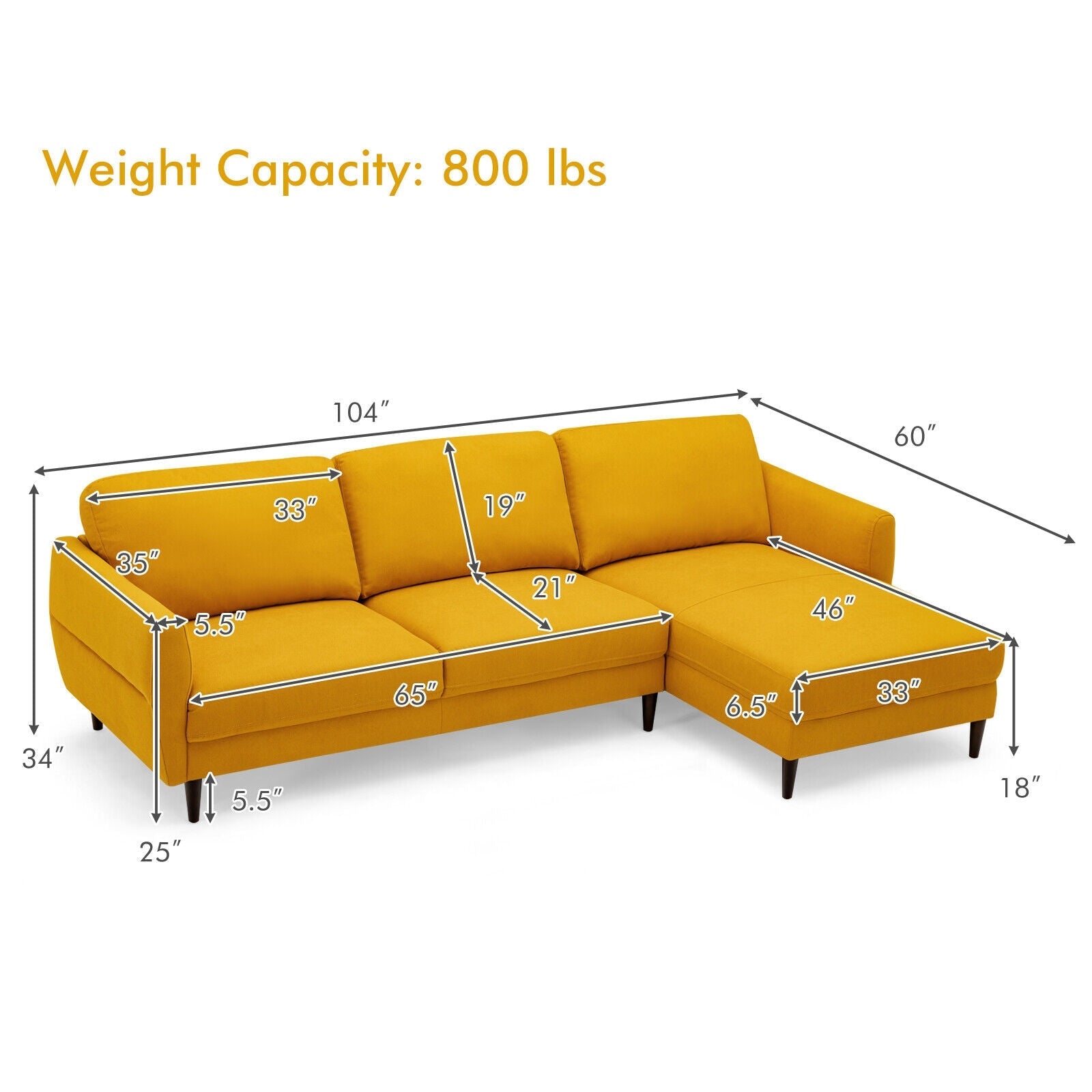L-Shaped Fabric Sectional Sofa with Chaise Lounge and Solid Wood Legs