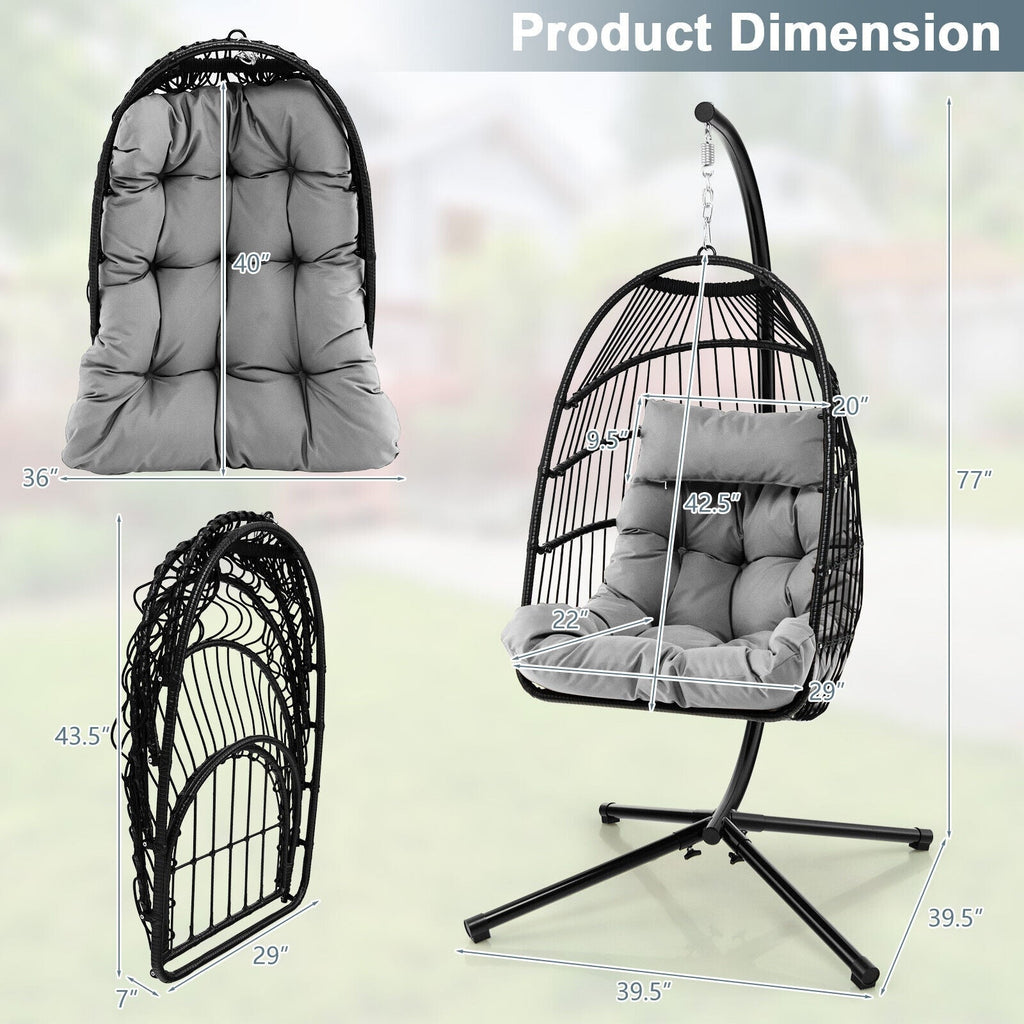 Patio Hanging Egg Chair with Stand Waterproof Cover and Folding Basket-Gray
