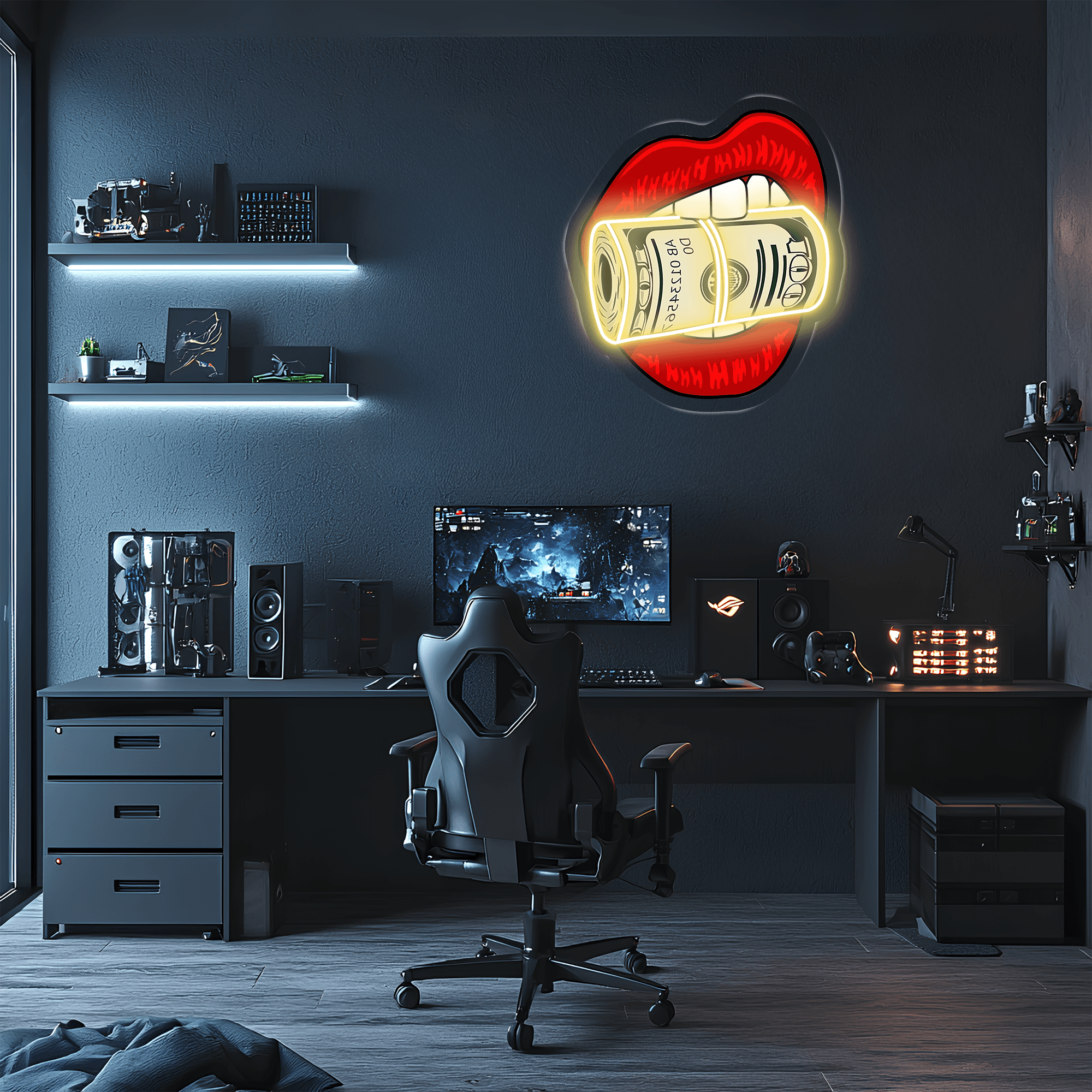 Kiss Dollars LED Neon Wall Sign - Clear Acrylic Backing Gaming Contemporary Decor