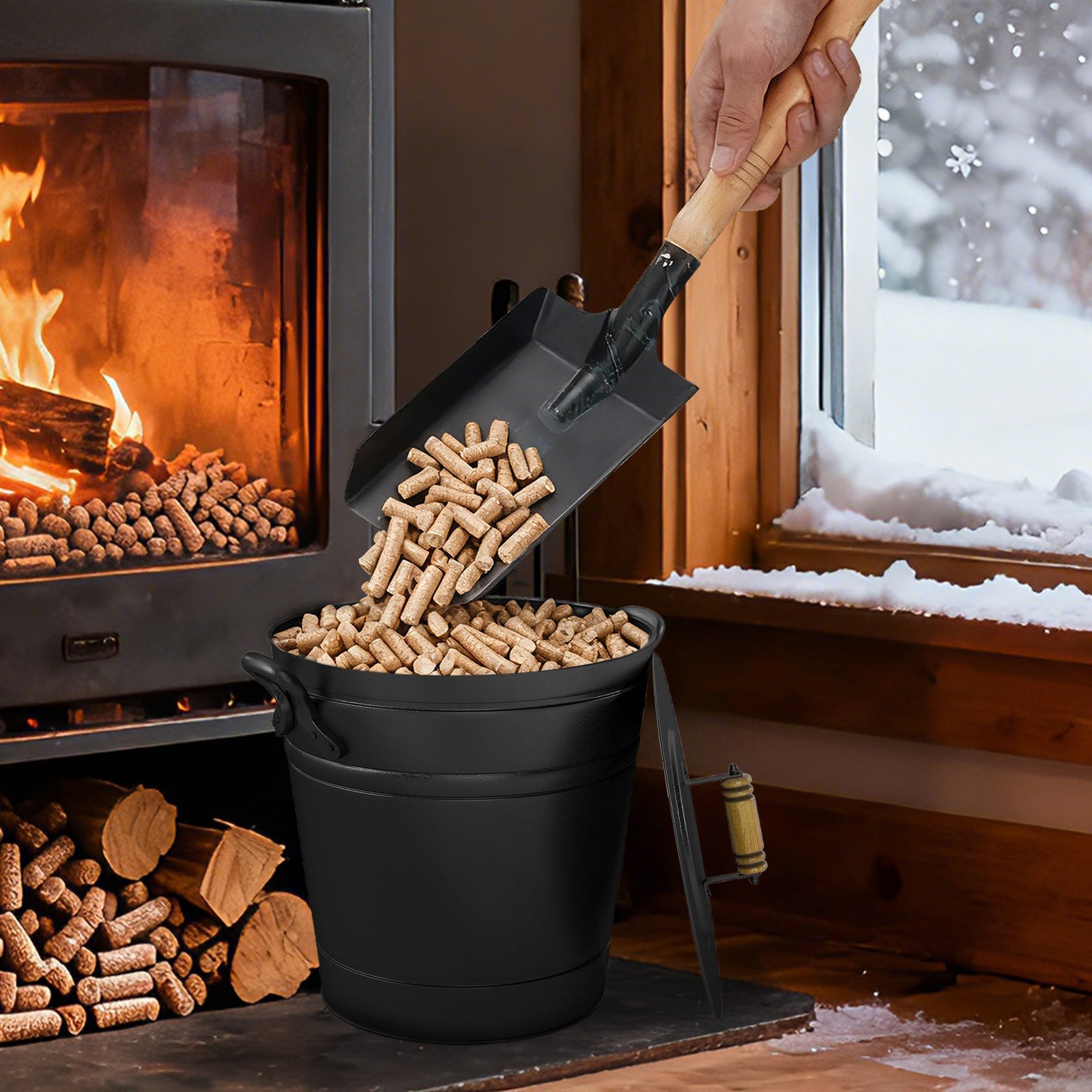 2.9 Gallon Metal Coal Ash Can with Wooden Lid and Side Grips for Fireplace Fire Pits