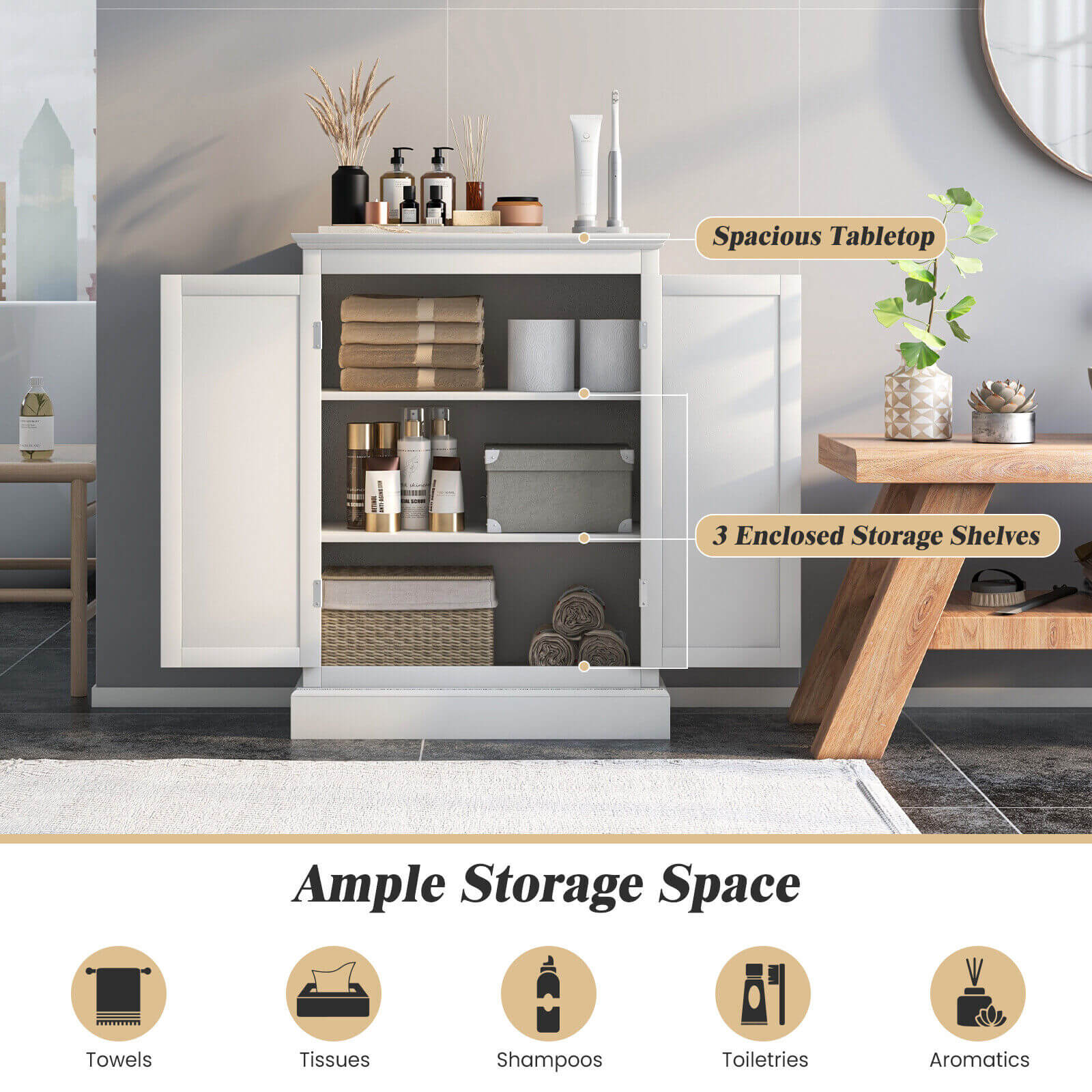 2-Door Freestanding Bathroom Cabinet with Adjustable Shelves-White