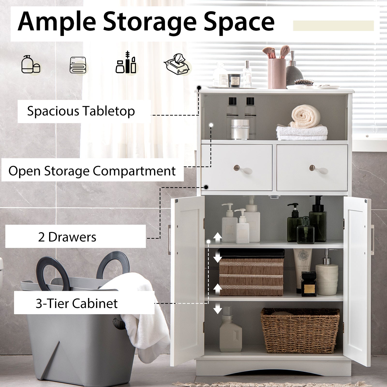 2 Doors Freeestanding Bathroom Floor Cabinet with 2 Drawers and Adjustable Shelves-White