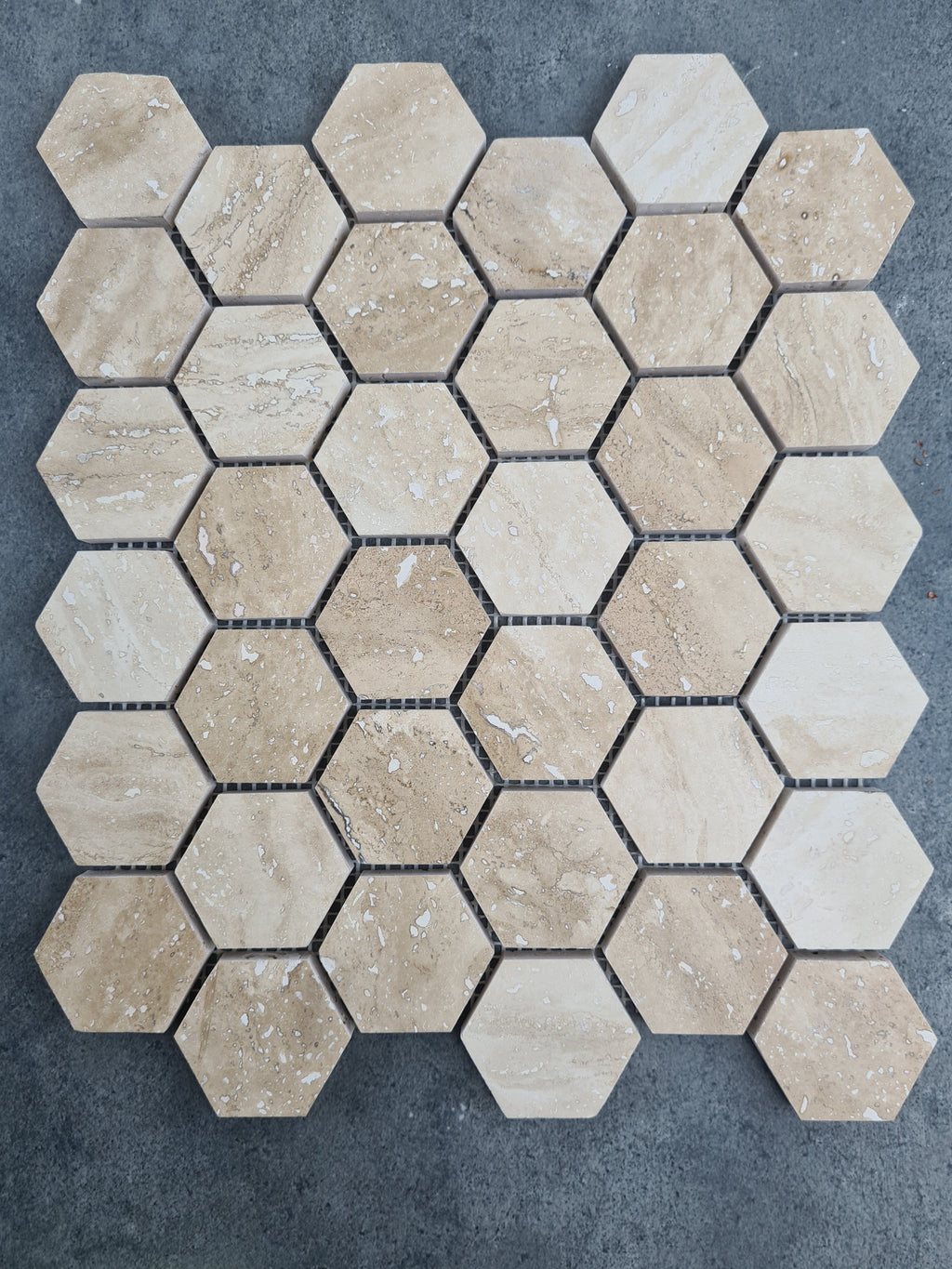 Patara Honed Travertine Hexagon Mosaic Tile 12x12 Walnut Brown Natural Pre Mounted