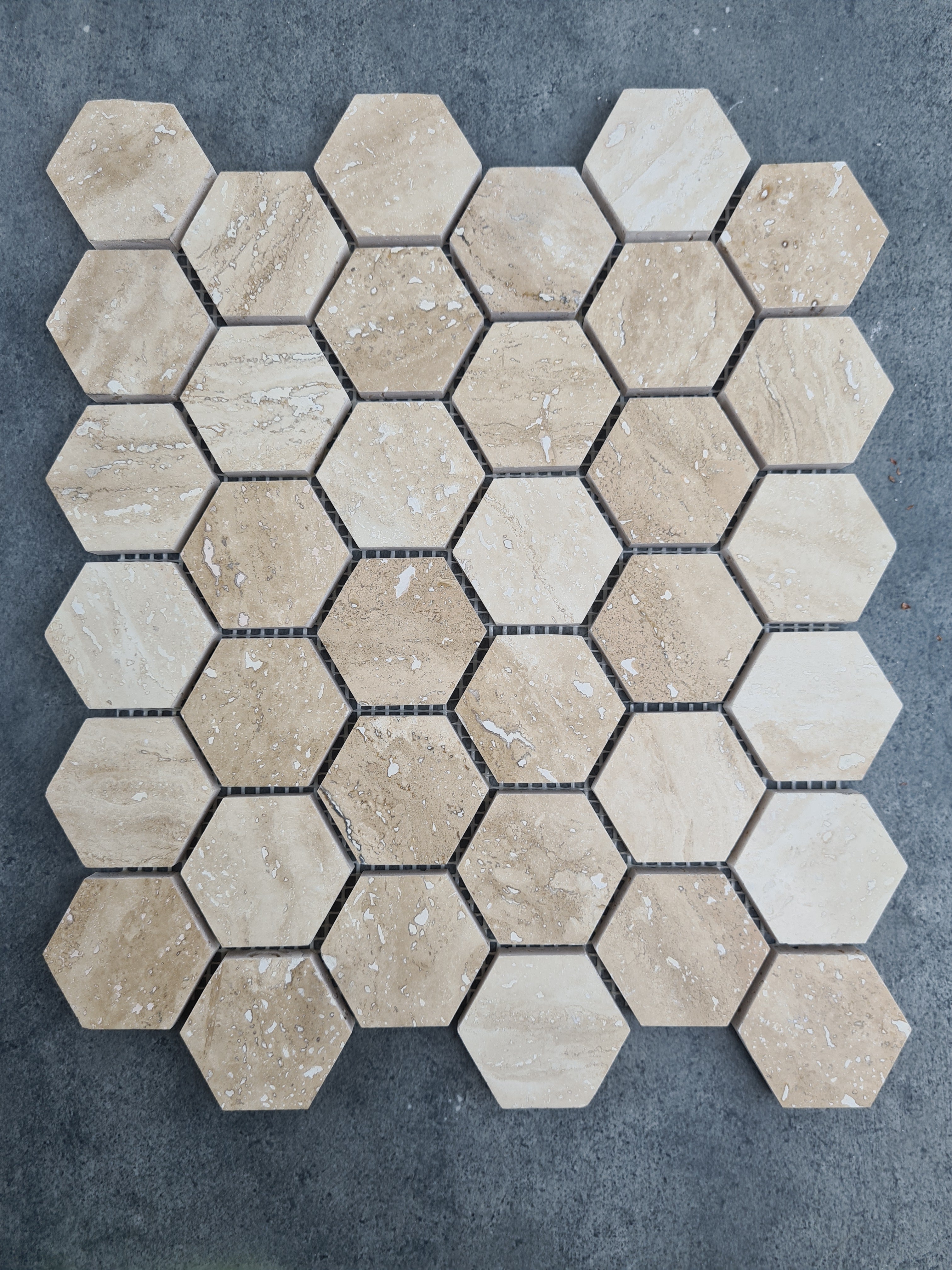 Patara Honed Travertine Hexagon Mosaic Tile 12x12 Walnut Brown Natural Pre Mounted