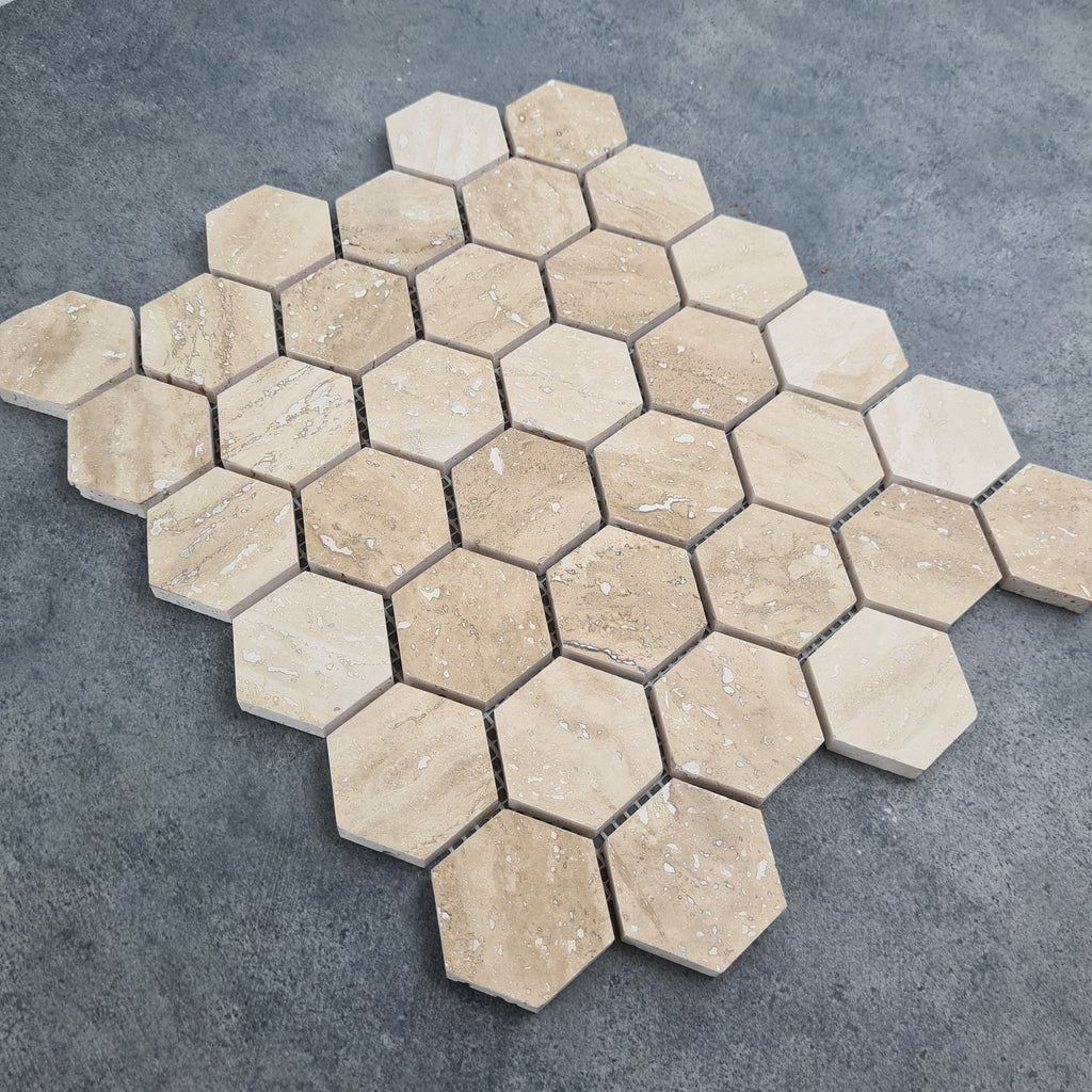 Patara Honed Travertine Hexagon Mosaic Tile 12x12 Walnut Brown Natural Pre Mounted