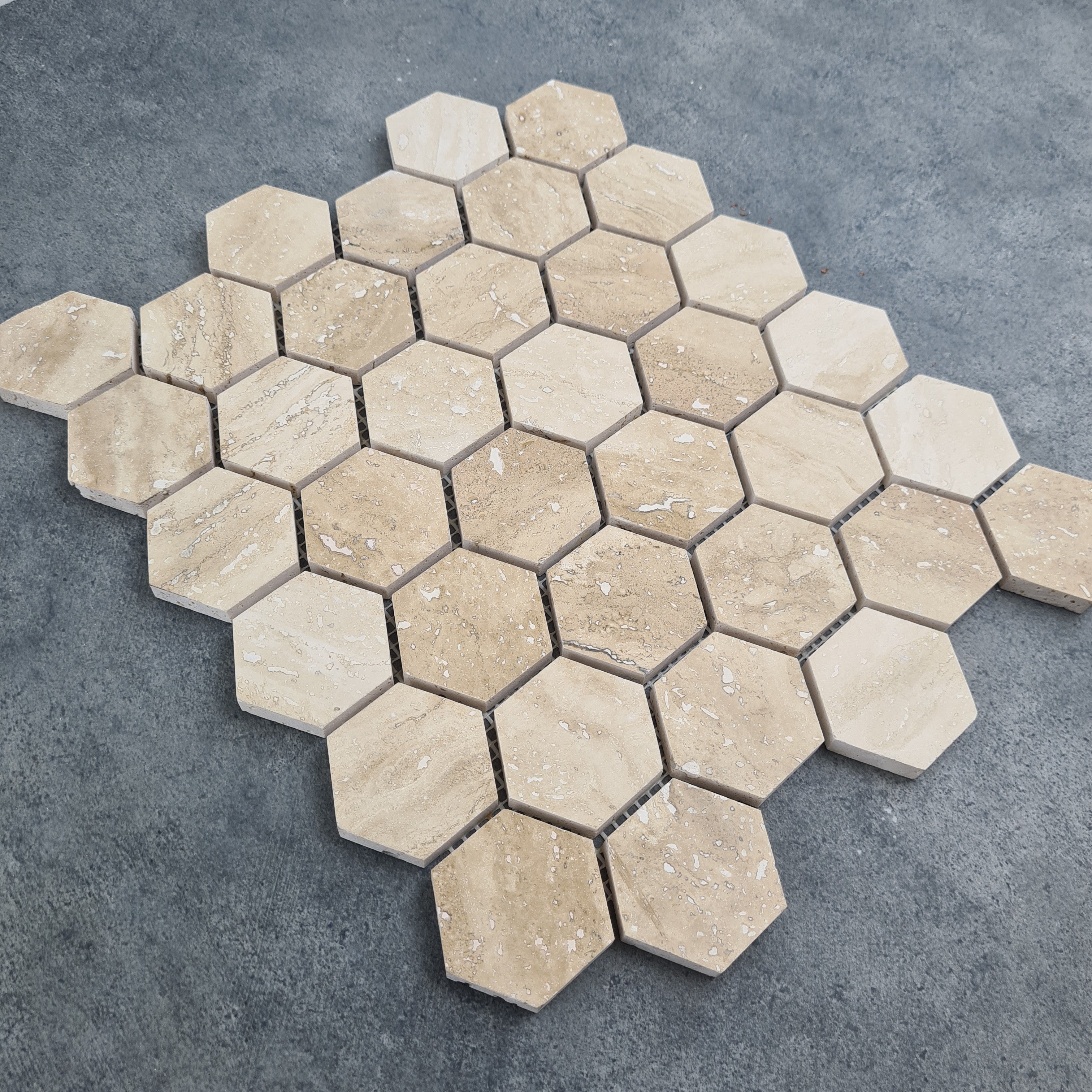 Patara Honed Travertine Hexagon Mosaic Tile 12x12 Walnut Brown Natural Pre Mounted