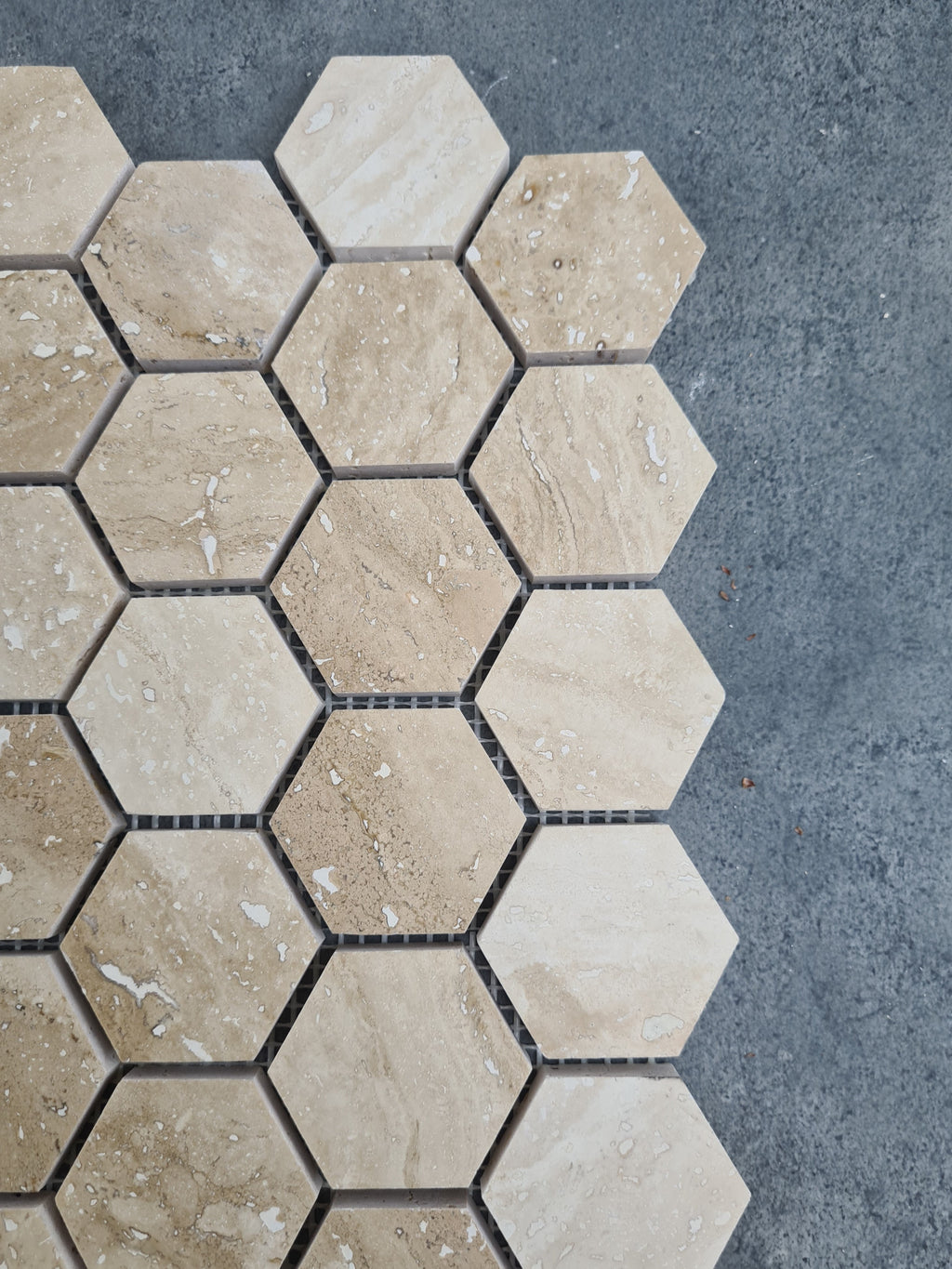 Patara Honed Travertine Hexagon Mosaic Tile 12x12 Walnut Brown Natural Pre Mounted