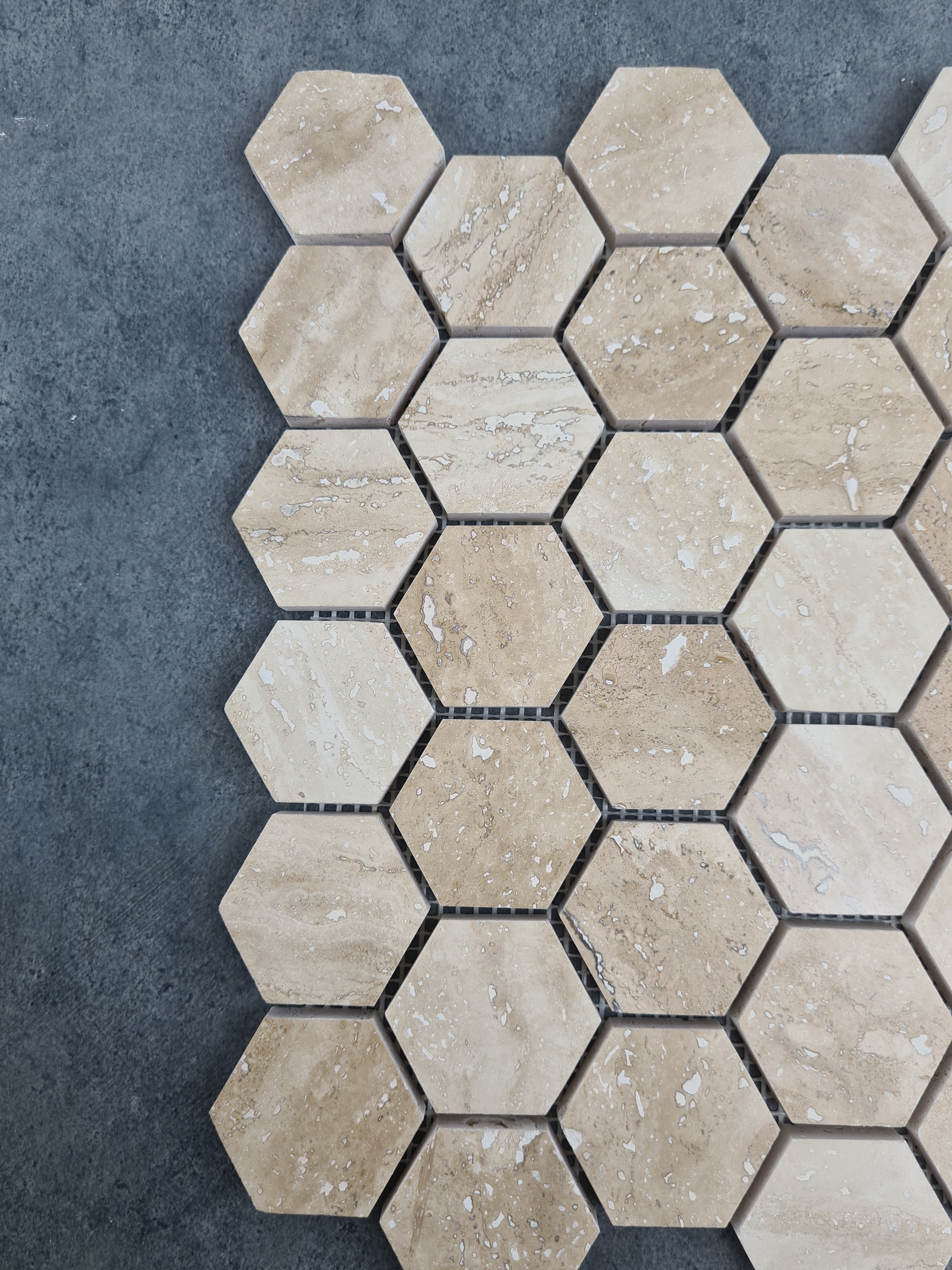Patara Honed Travertine Hexagon Mosaic Tile 12x12 Walnut Brown Natural Pre Mounted