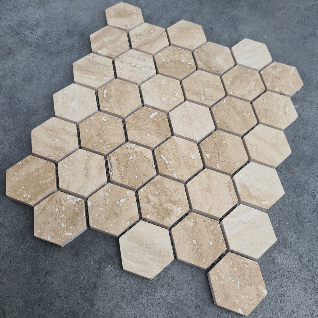 Patara Honed Travertine Hexagon Mosaic Tile 12x12 Walnut Brown Natural Pre Mounted