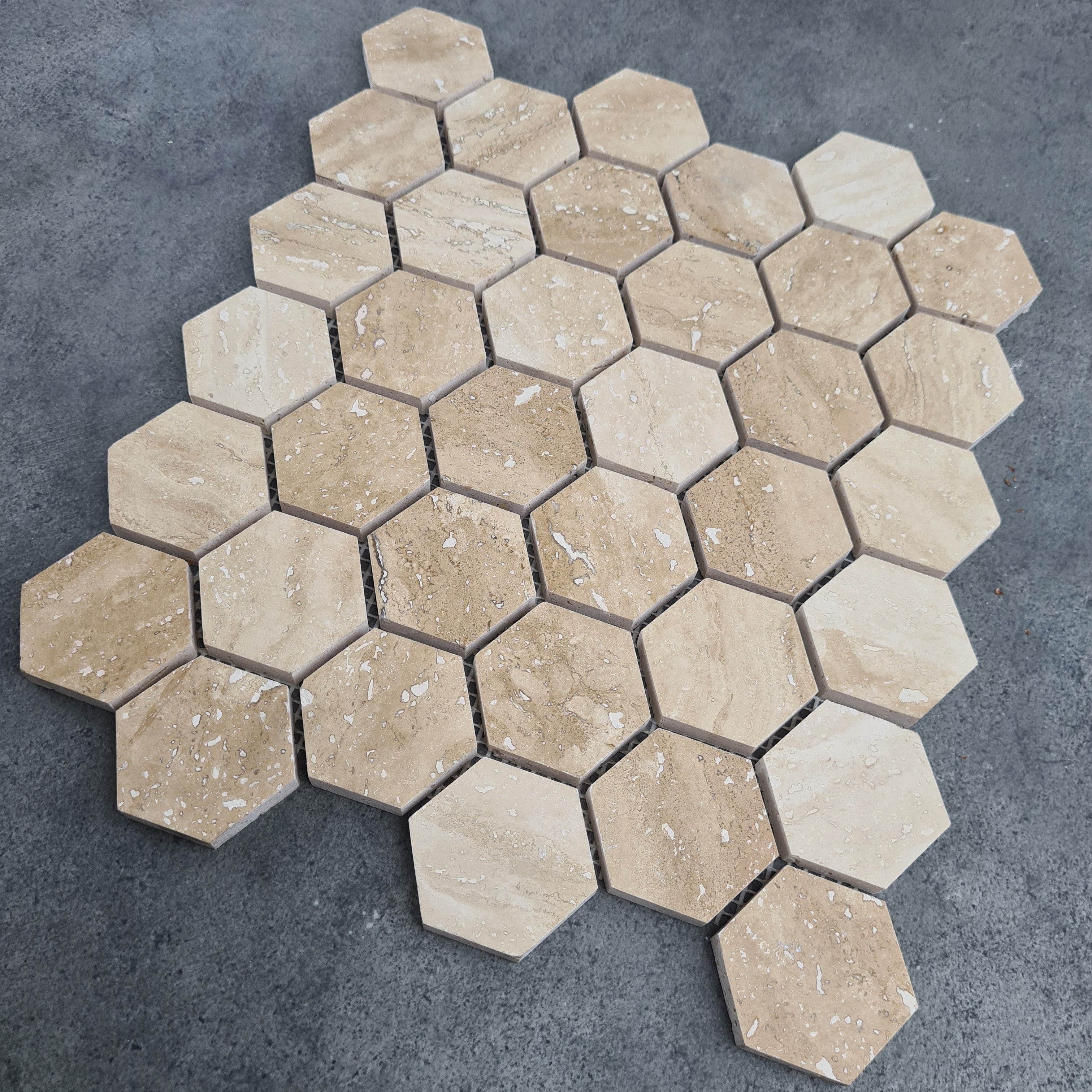 Patara Honed Travertine Hexagon Mosaic Tile 12x12 Walnut Brown Natural Pre Mounted