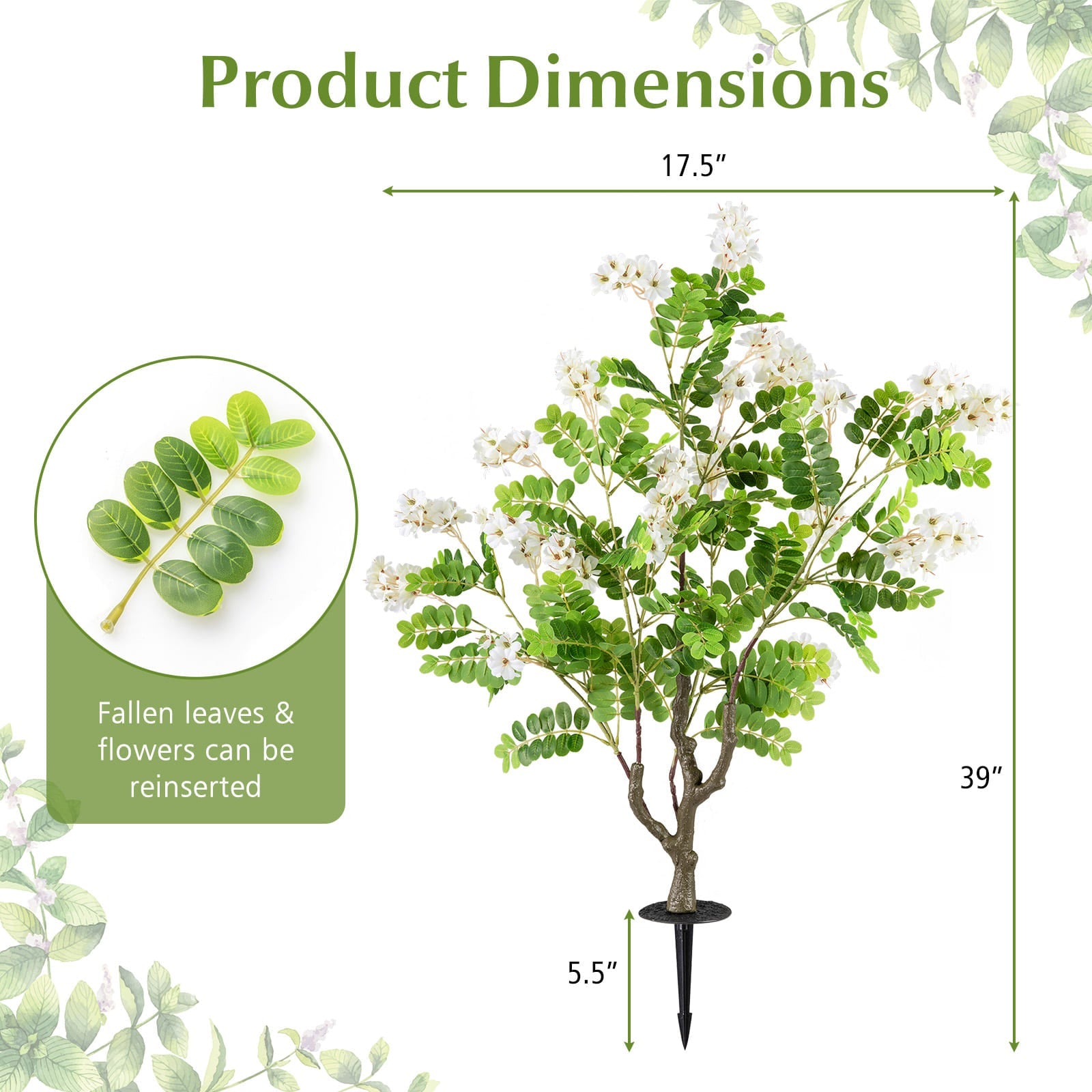 2 Pack Artificial Locust Flower Trees 39 Inch Fake Evergreen Shrubs with Ground Spikes